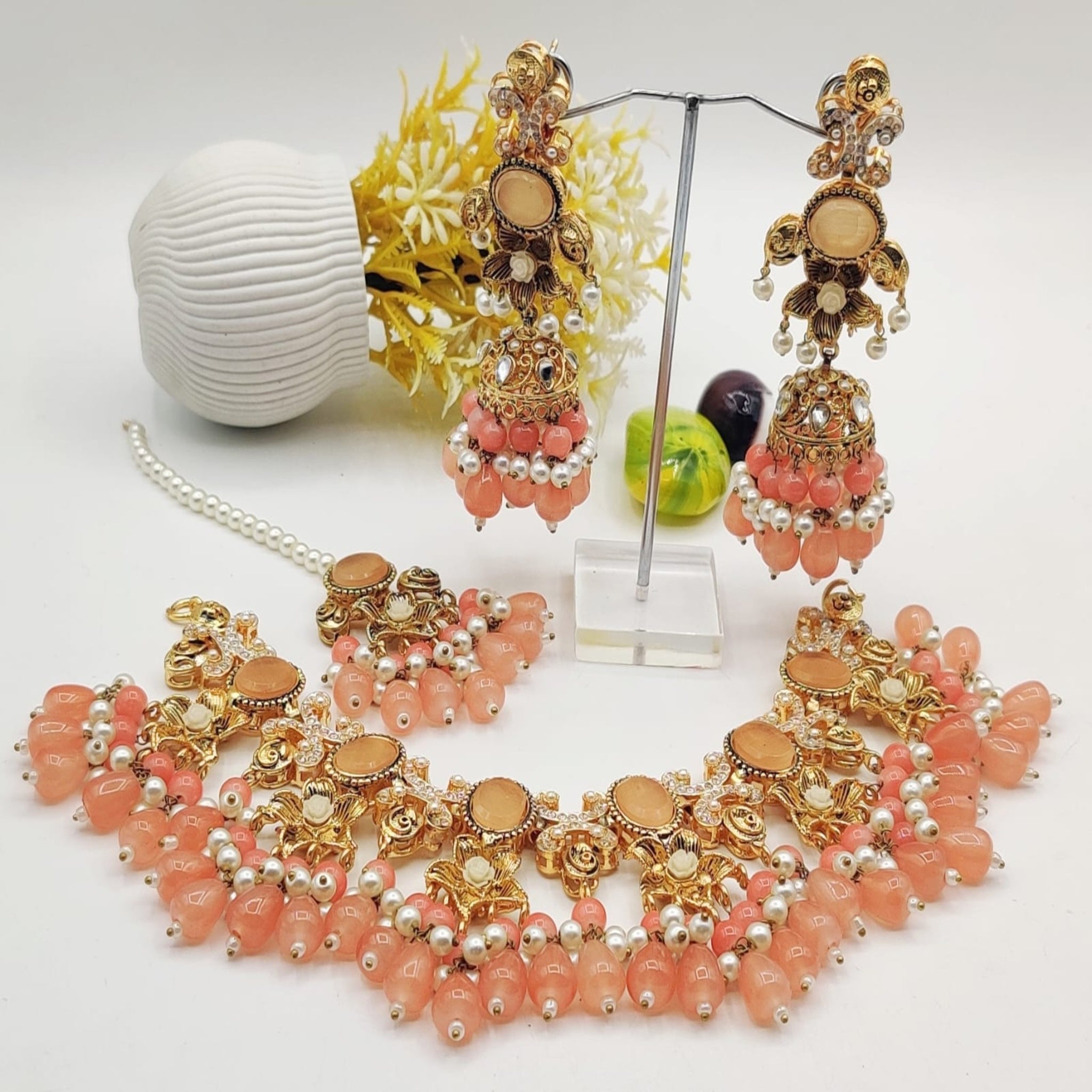 Kundan Beaded Elegant Necklace Set with Jhumkas (FDN108)