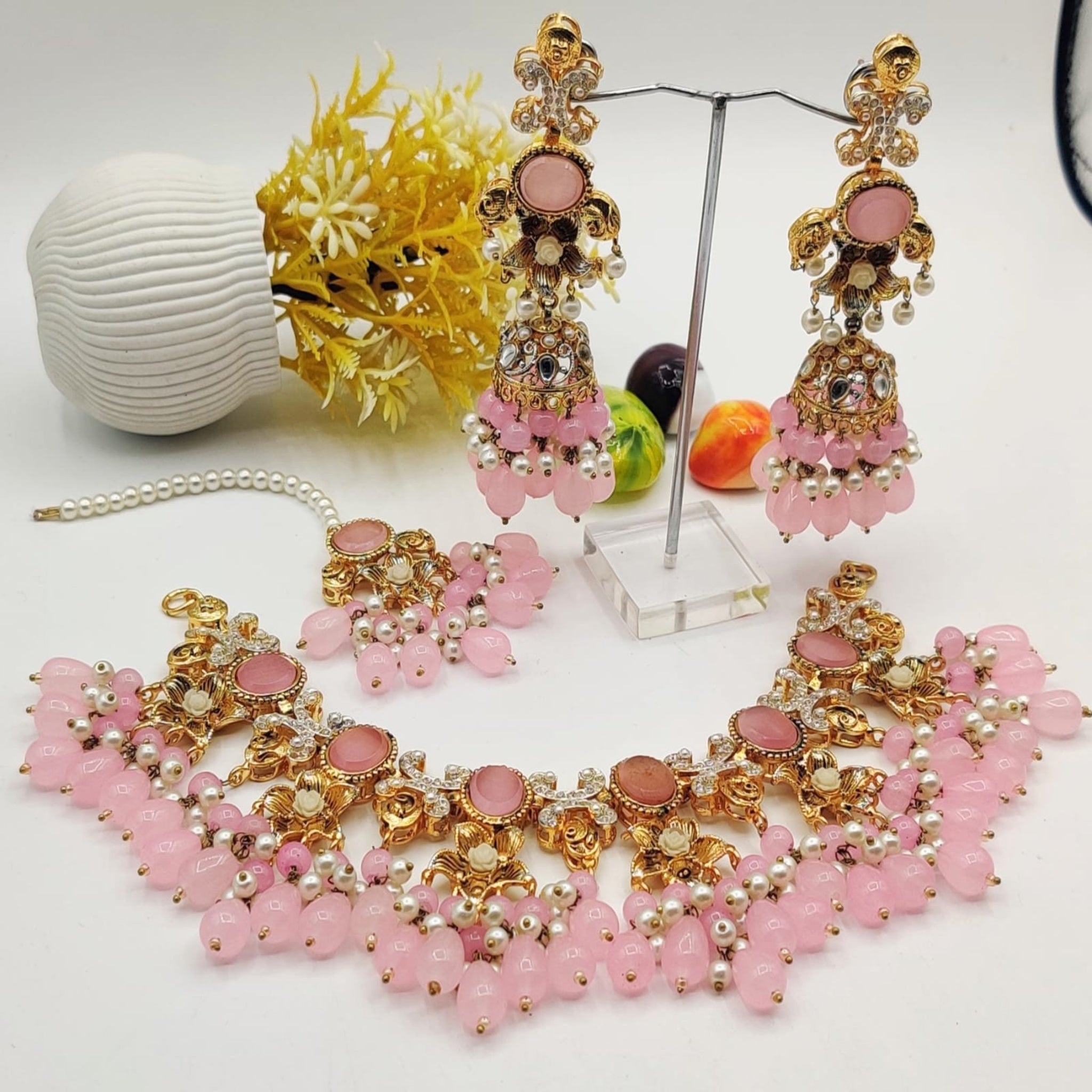 Kundan Beaded Elegant Necklace Set with Jhumkas (FDN108)