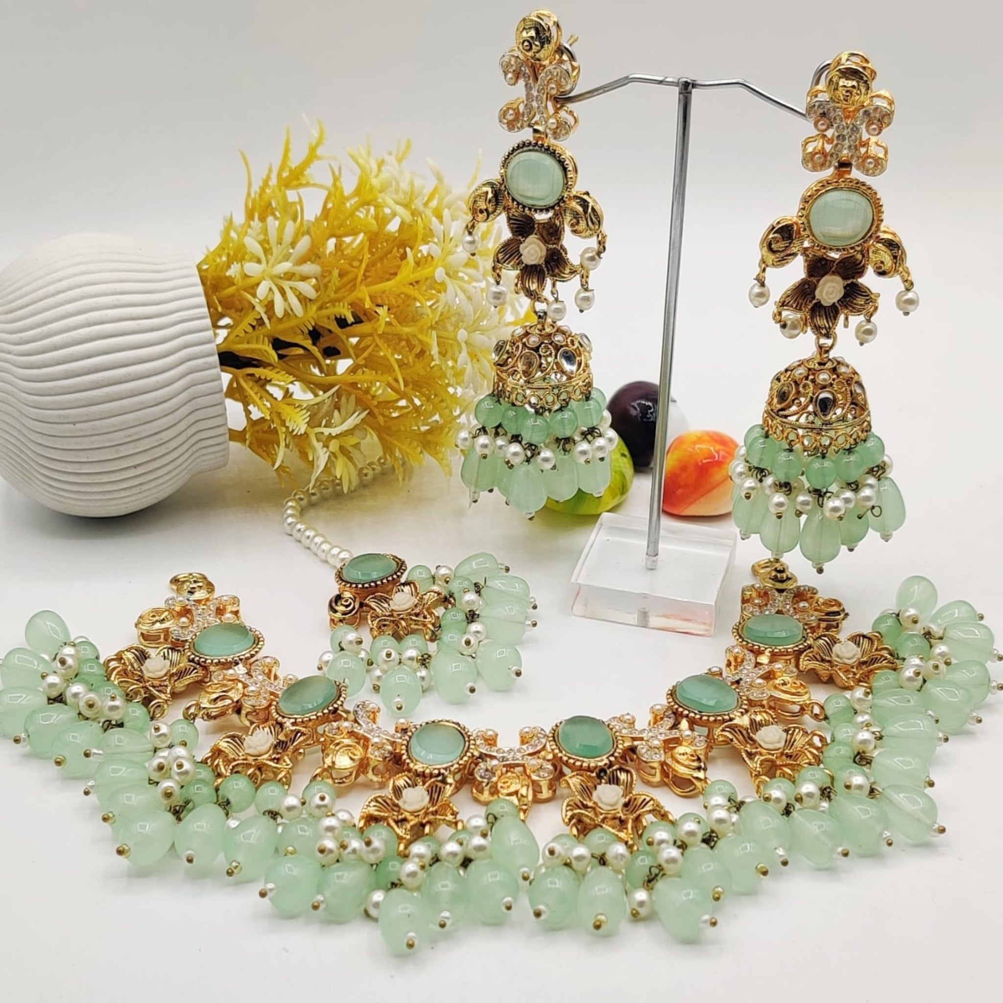 Kundan Beaded Elegant Necklace Set with Jhumkas (FDN108)