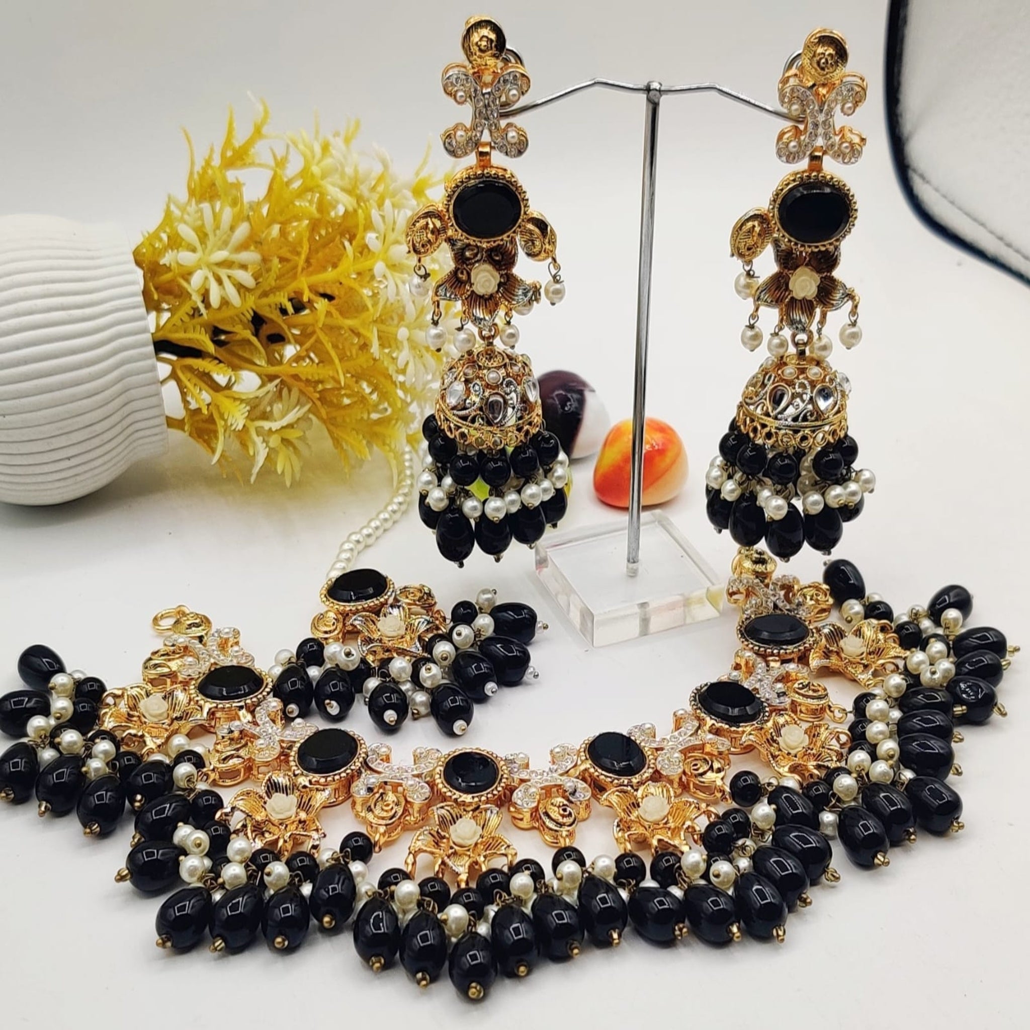 Kundan Beaded Elegant Necklace Set with Jhumkas (FDN108)