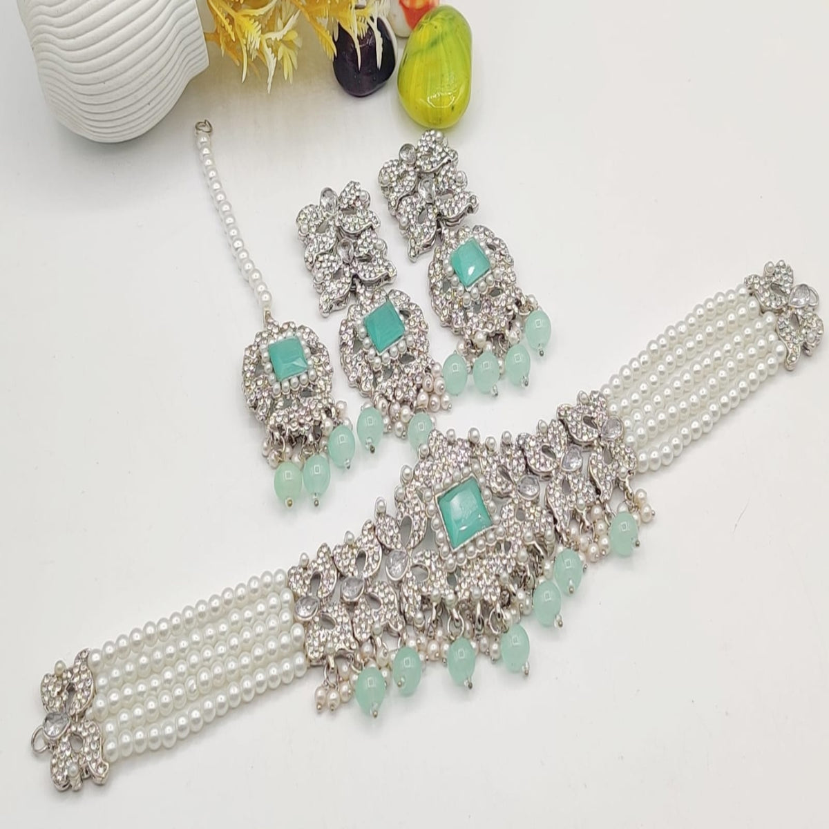Pearl Beaded Silver Choker Necklace Set (FDN111)