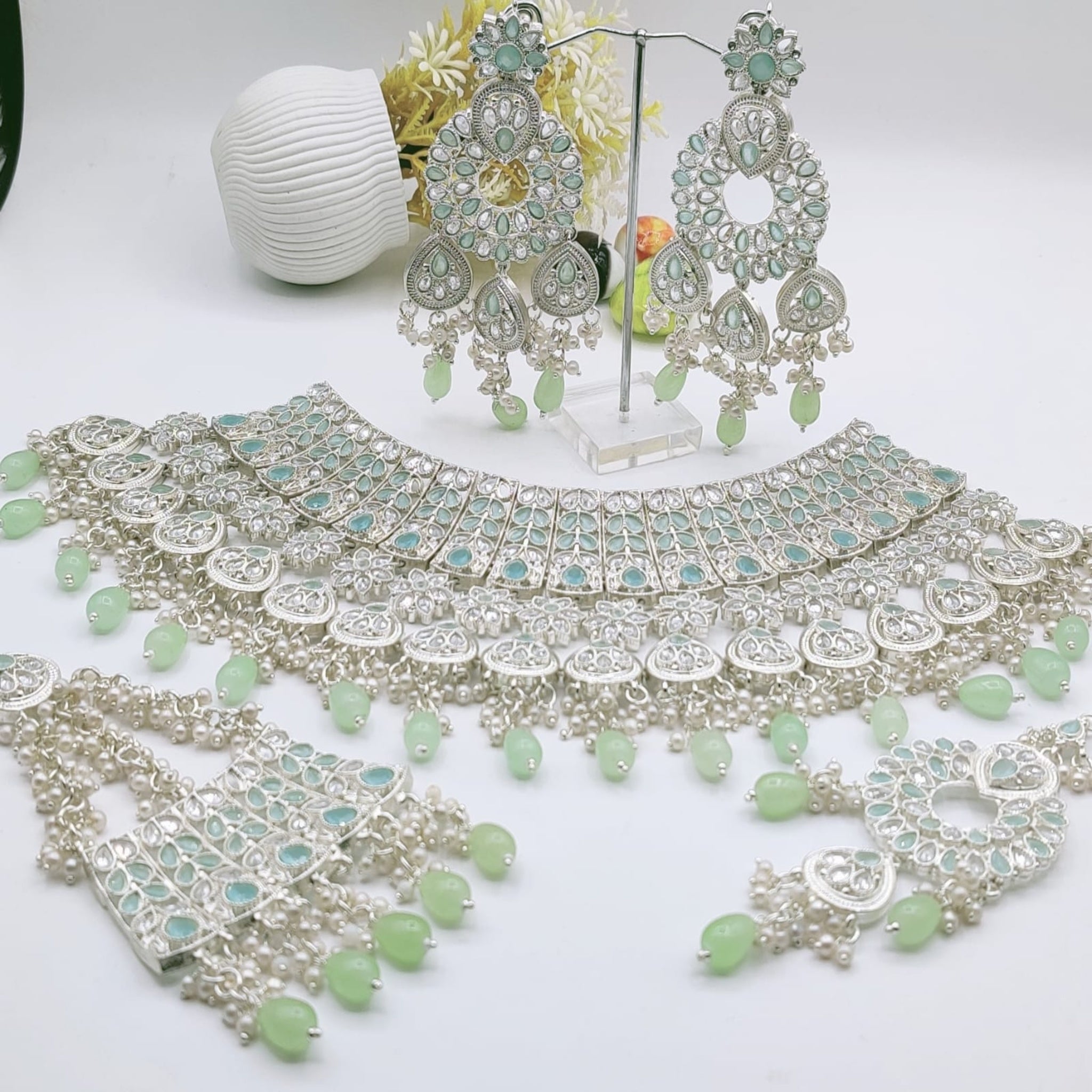 Silver Mint Bridal Necklace Set (FDBN6)