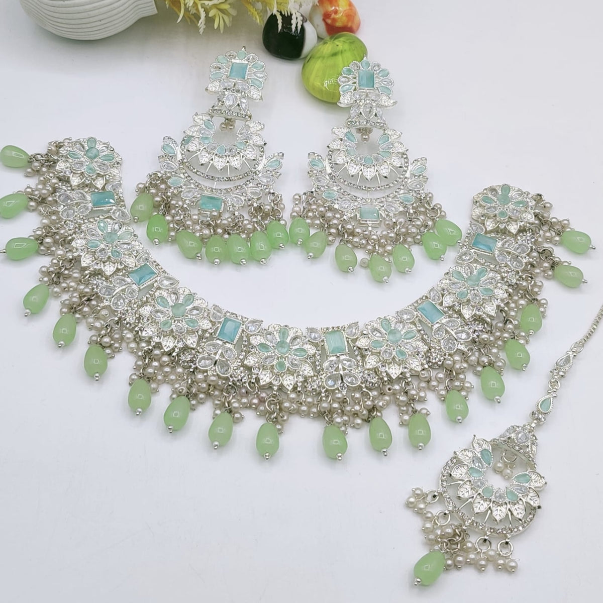 Mint Green Silver Bridal Necklace Set (FDBN5)
