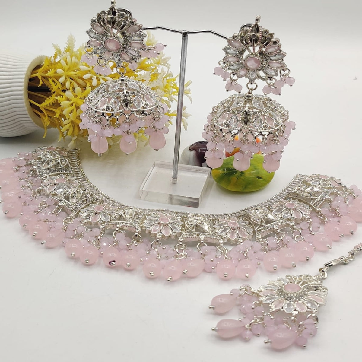 Silver Pink Decent Kundan Bridal Necklace (FDBN3)