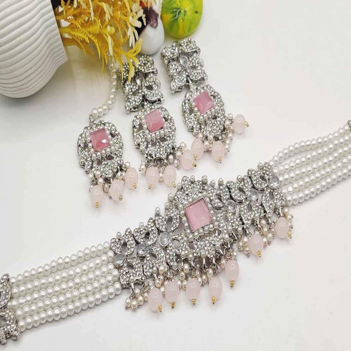 Pearl Beaded Silver Pink Choker Necklace Set (FDN113)