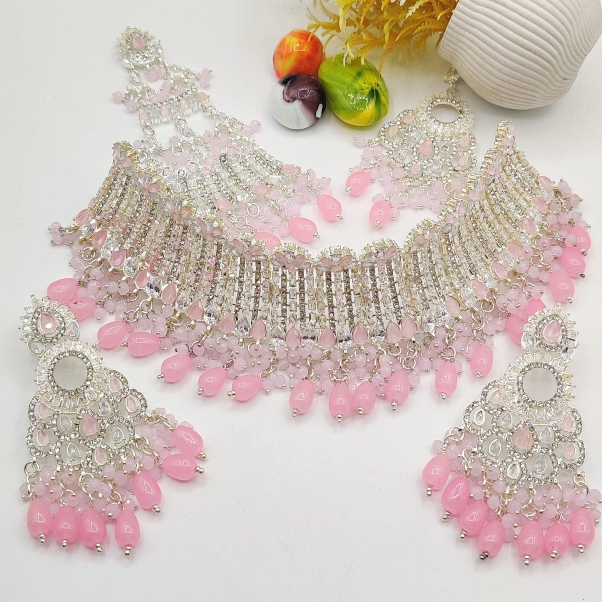 Pink Silver Collar Bridal Necklace Set (FDBN2)