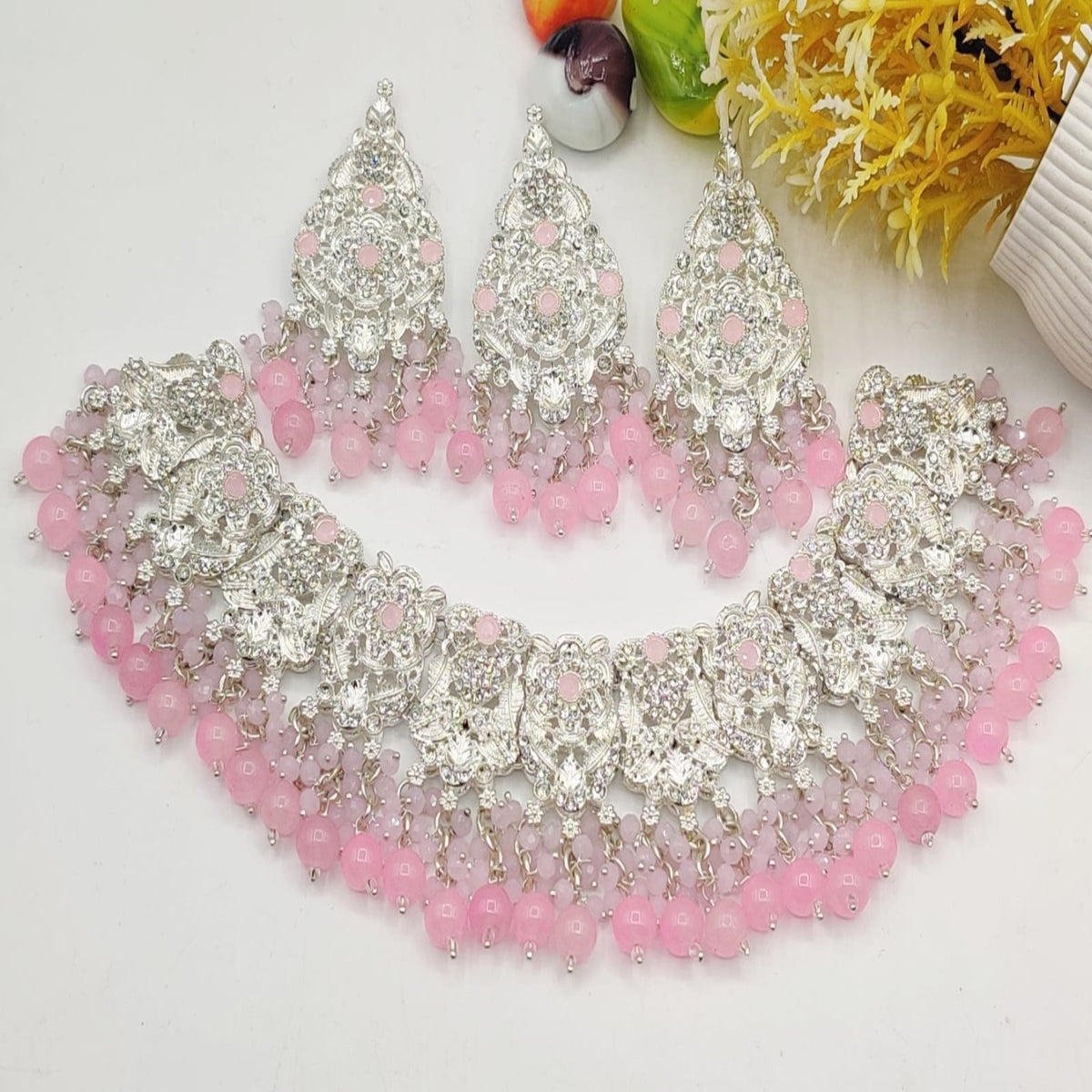 Pink Elegance: Silver Bridal Necklace Set (FDBN1)