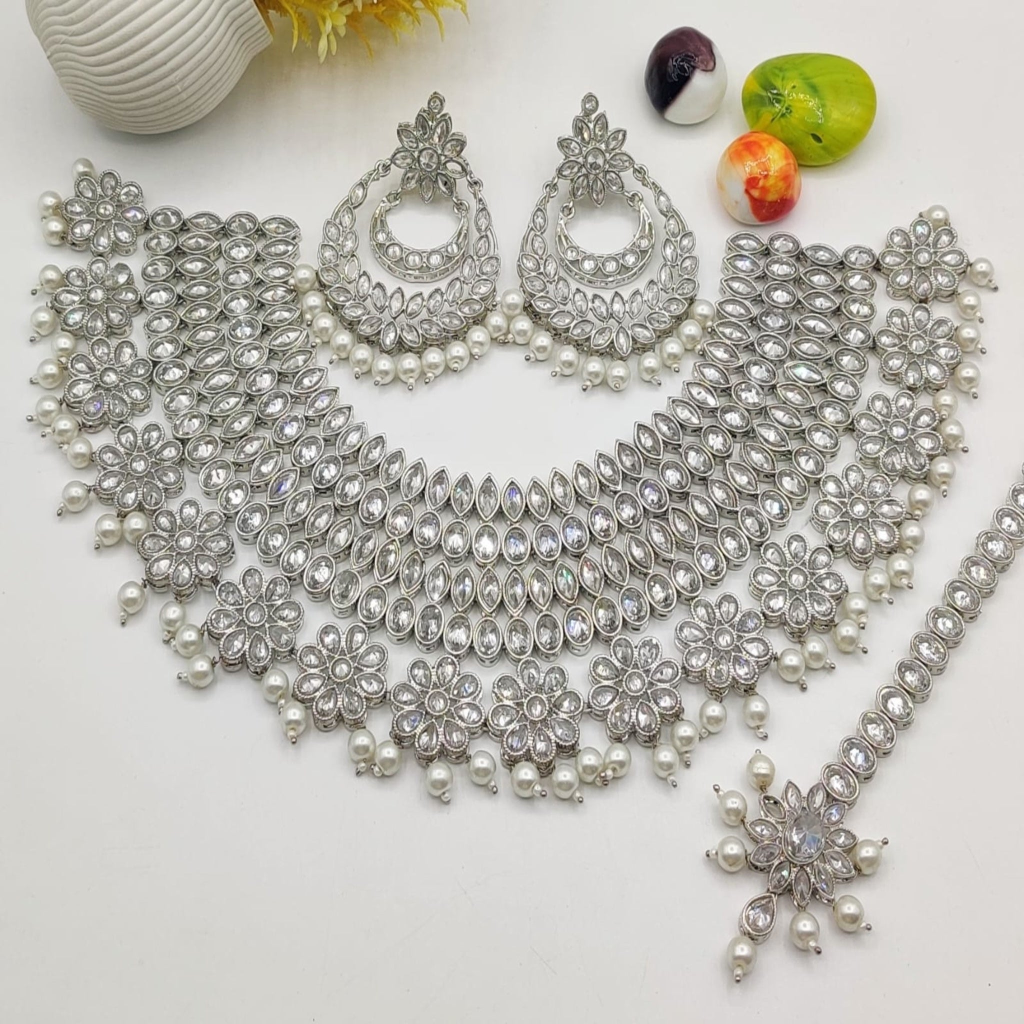 Silver Kundan Karrat Necklace Set (FDAN2)