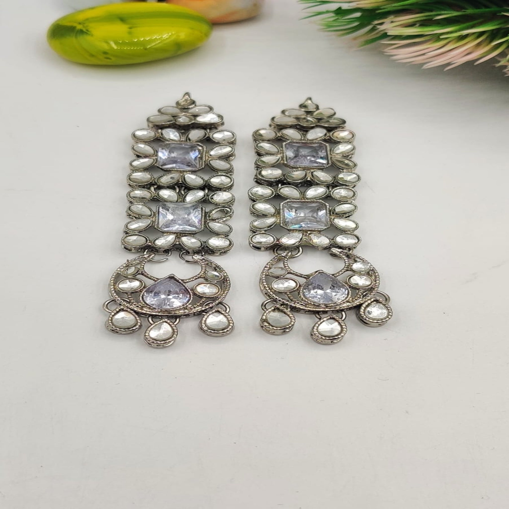 Silver White Kundan Earrings (FSE121)