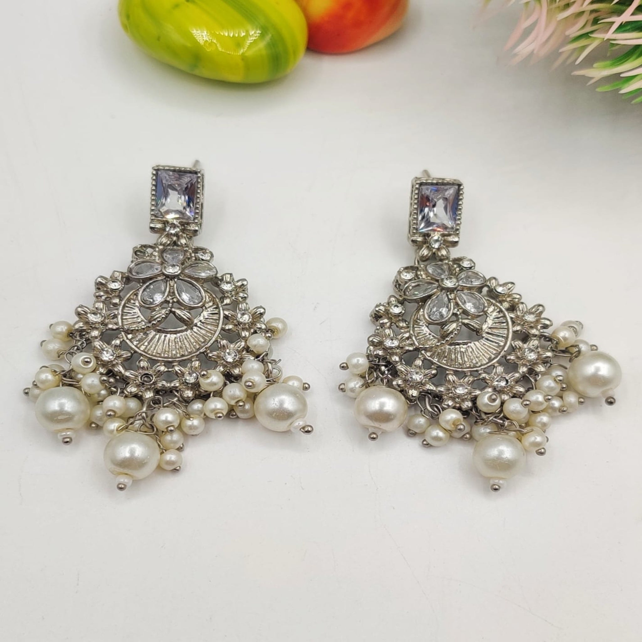 Elegant Silver Pearl Beaded Earrings (FSE124)
