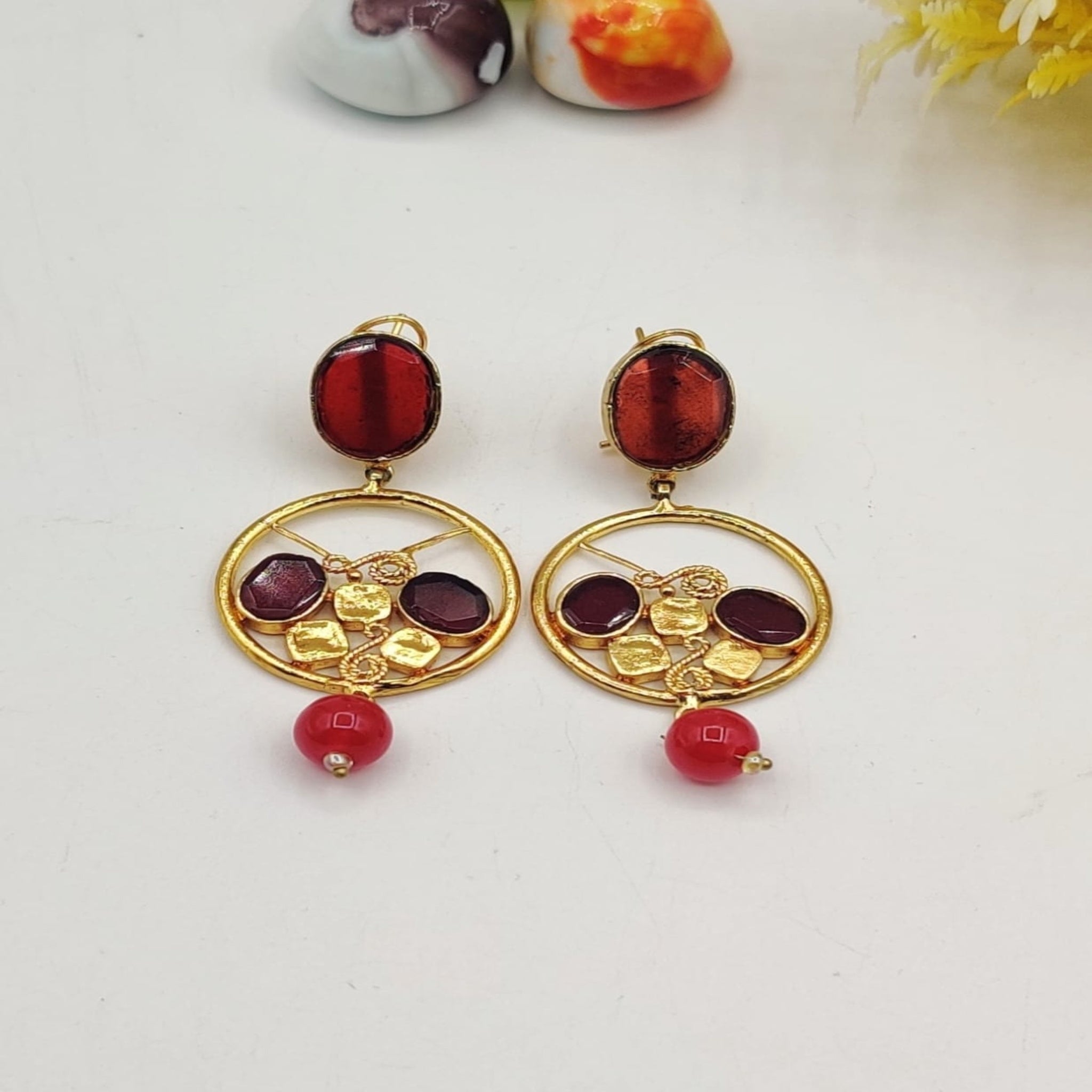 Radiant Red Stone Golden Earrings (FSE132)
