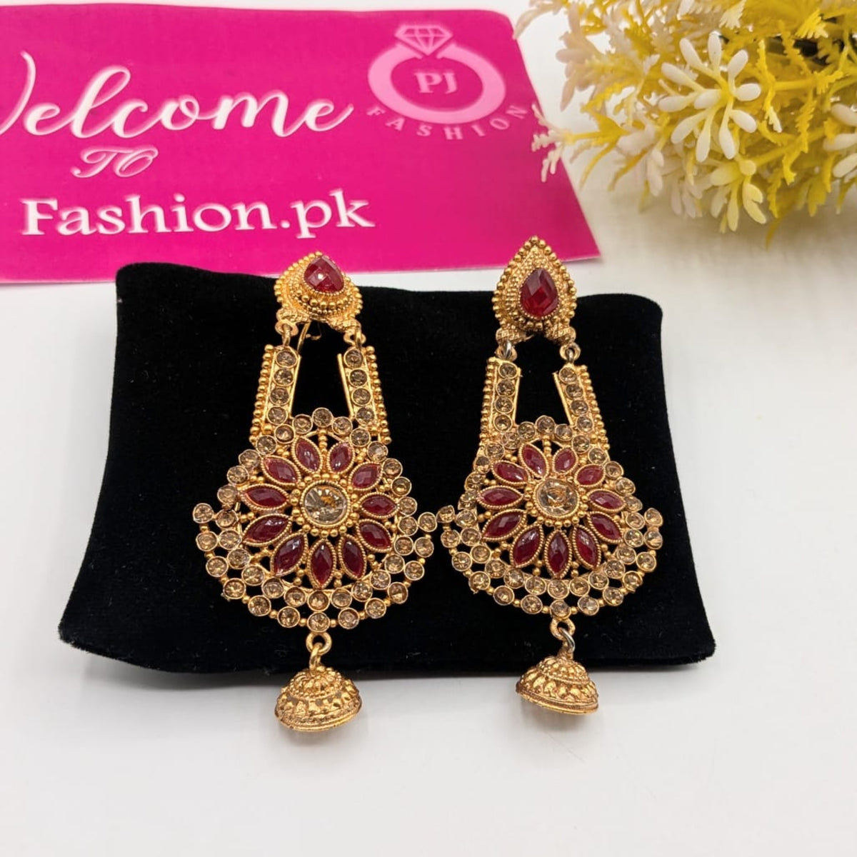 Ruby Red Golden Antique Ear Rings (FSE138)