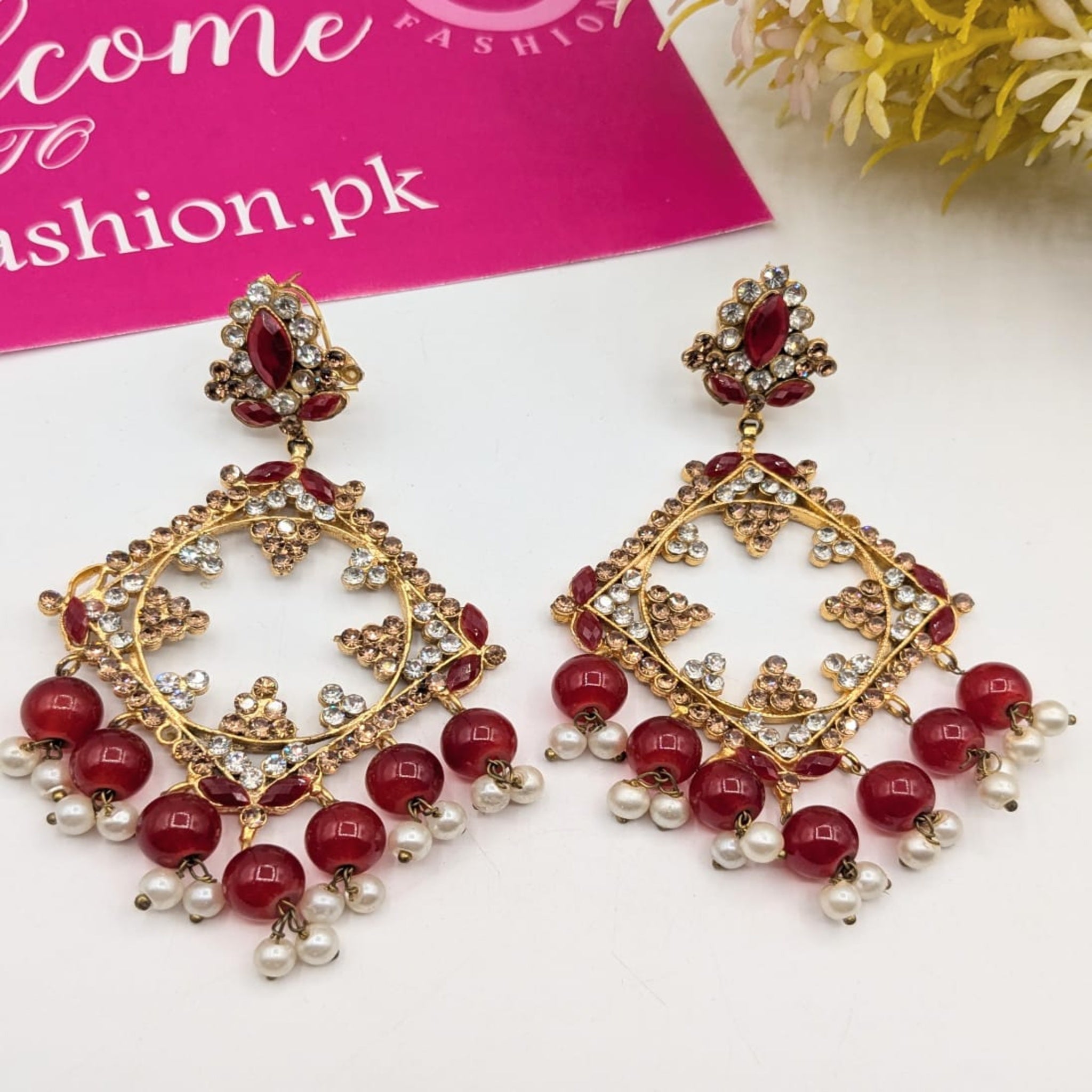 Red Beads & Golden Zircon Earrings (FSE142)