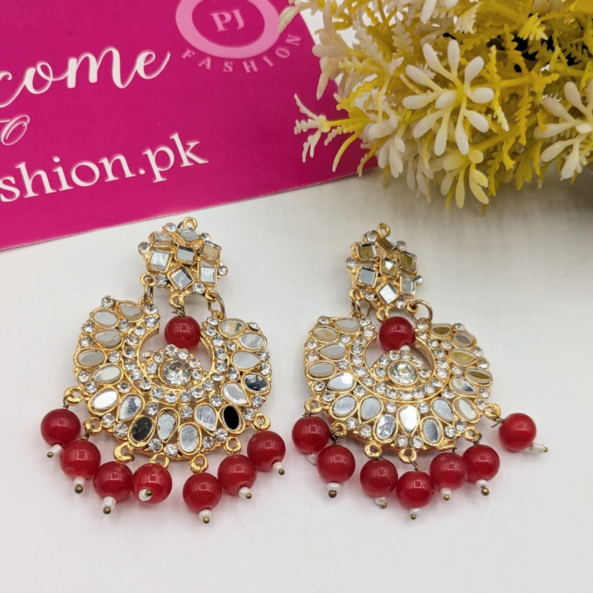 Elegant Golden Earrings with Red Beads (FSE143)