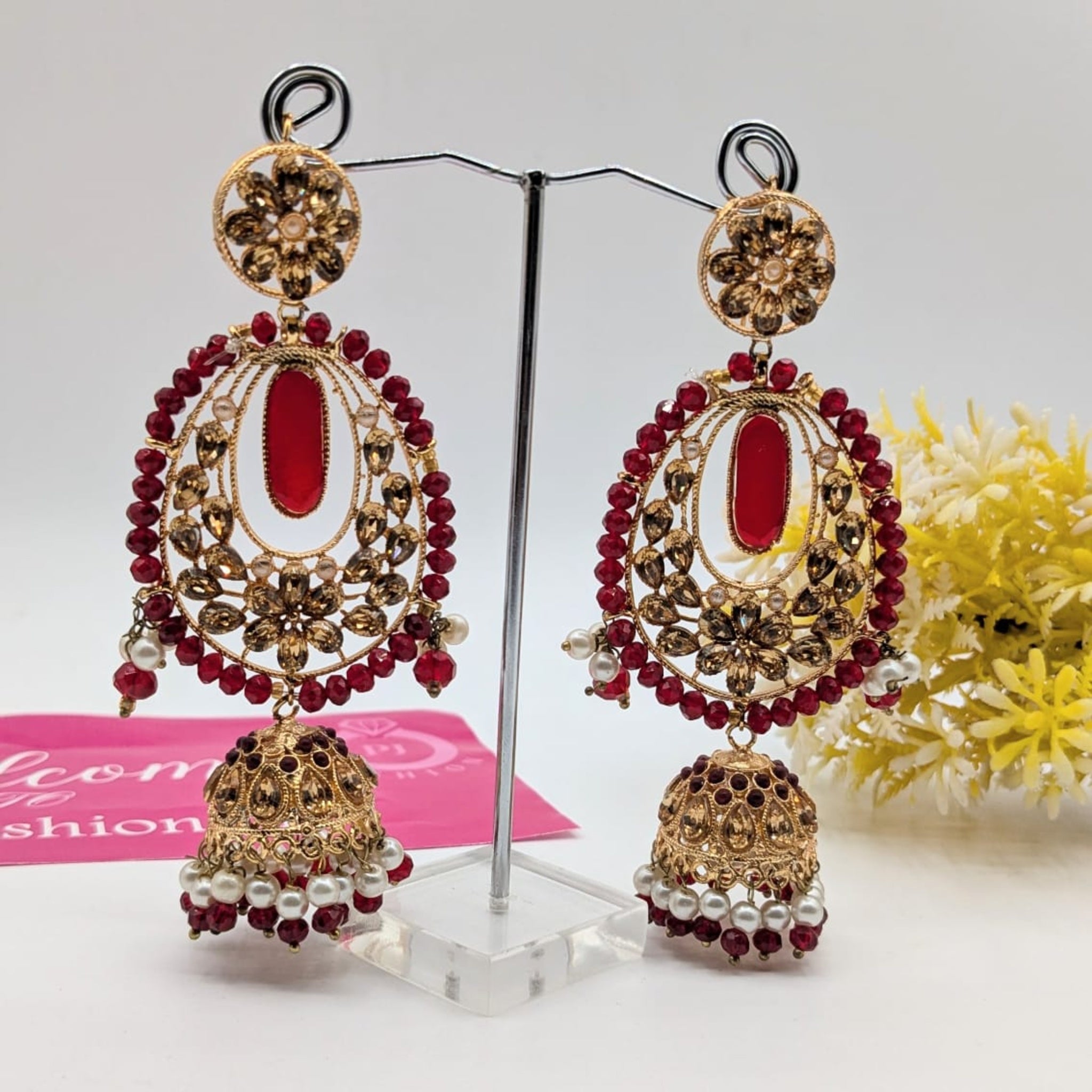 Red Stone Jhumka Earrings (FSE150)