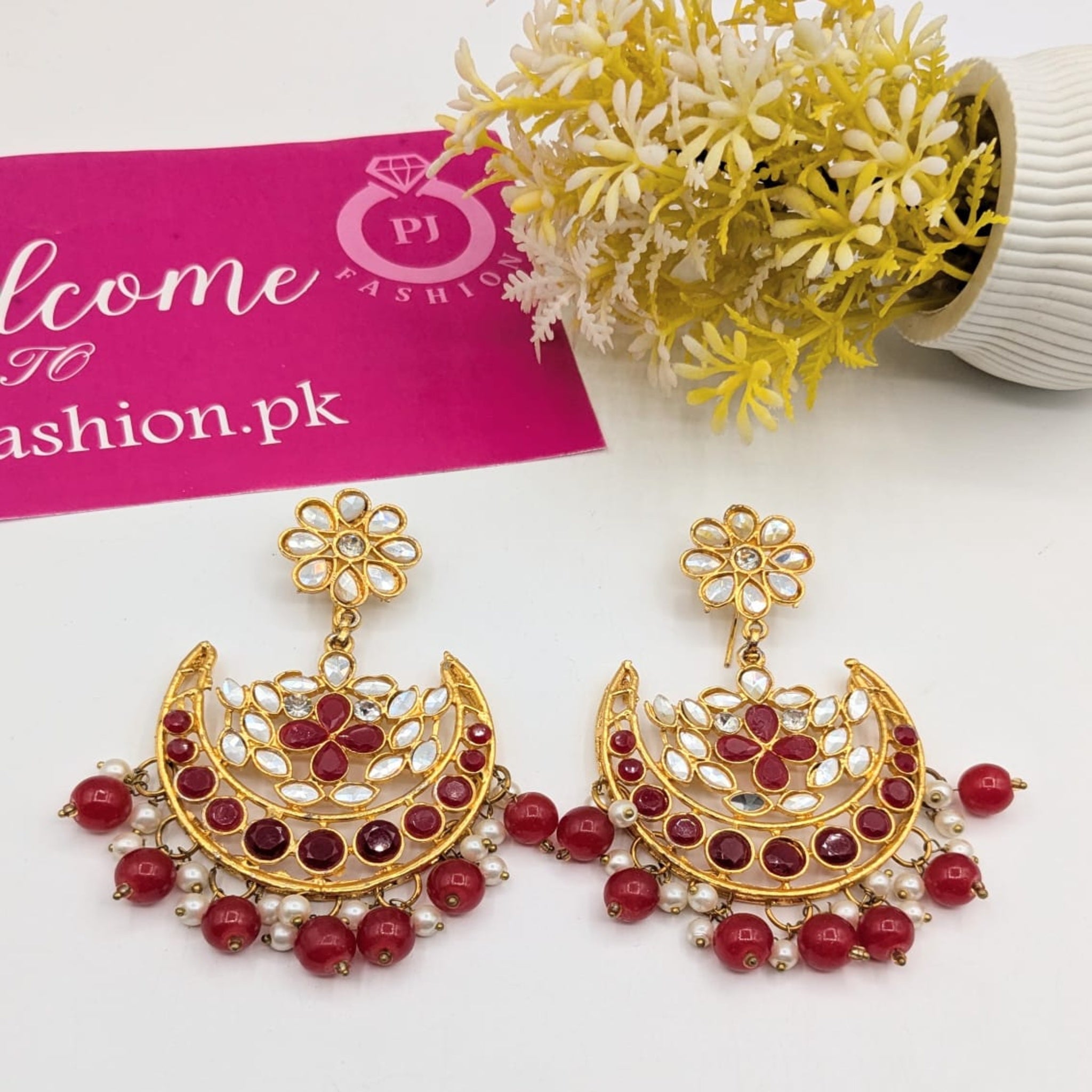 Kundan Red & Golden Traditional Ear Rings (FSE151)