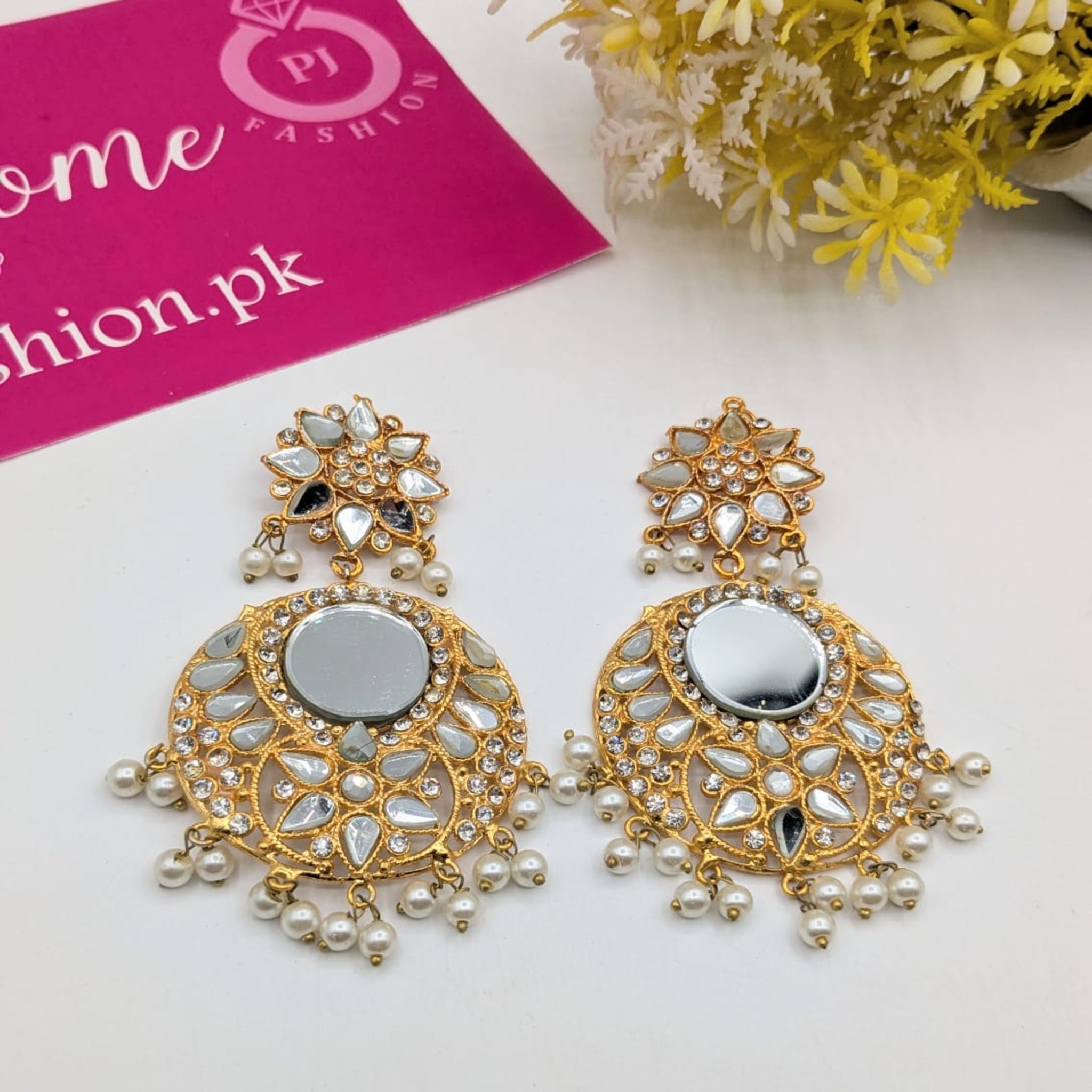 Golden Sheesha Kundan Ear Rings (FSE152)