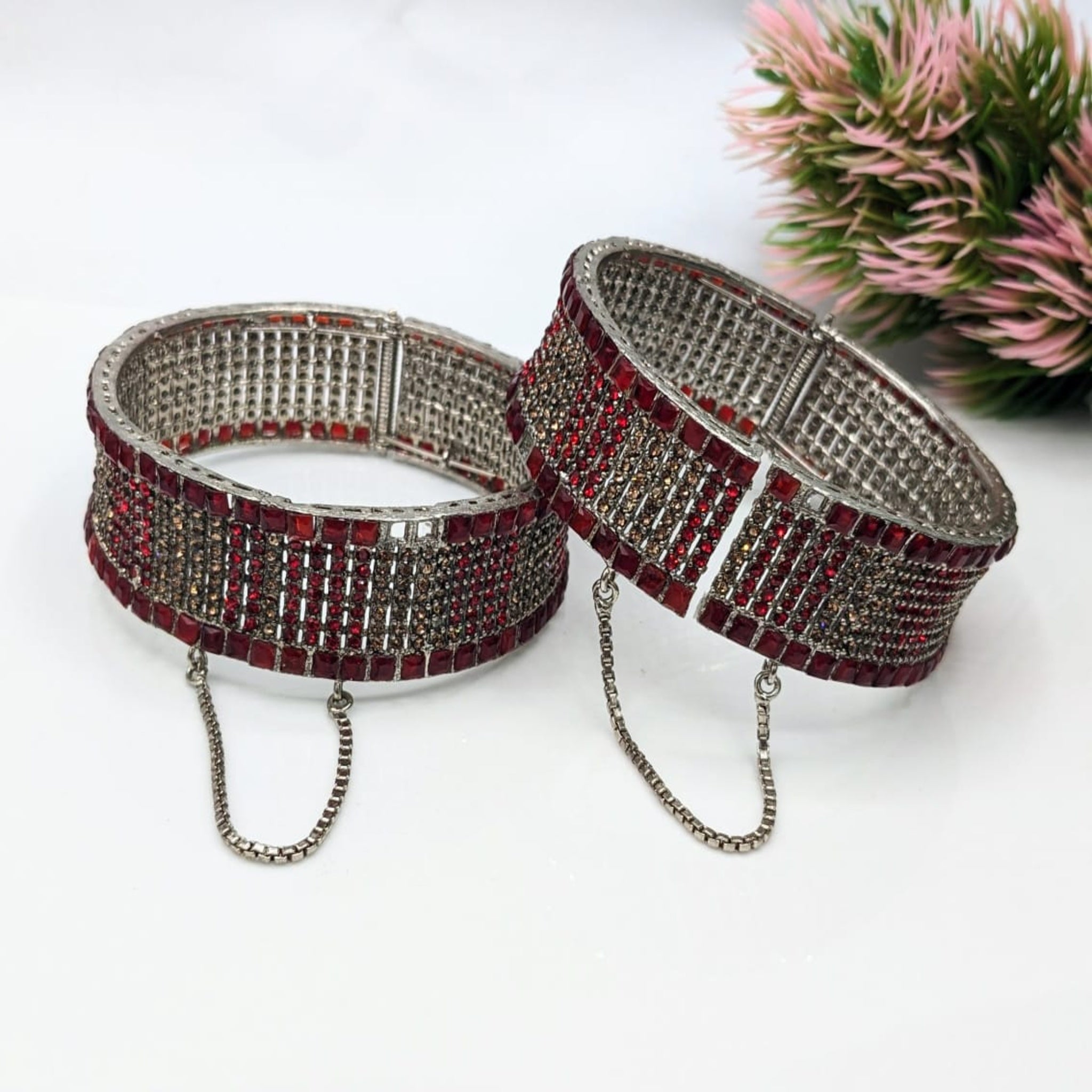 Stonish Red Silver Openable Kara Bangle (FSKB121)