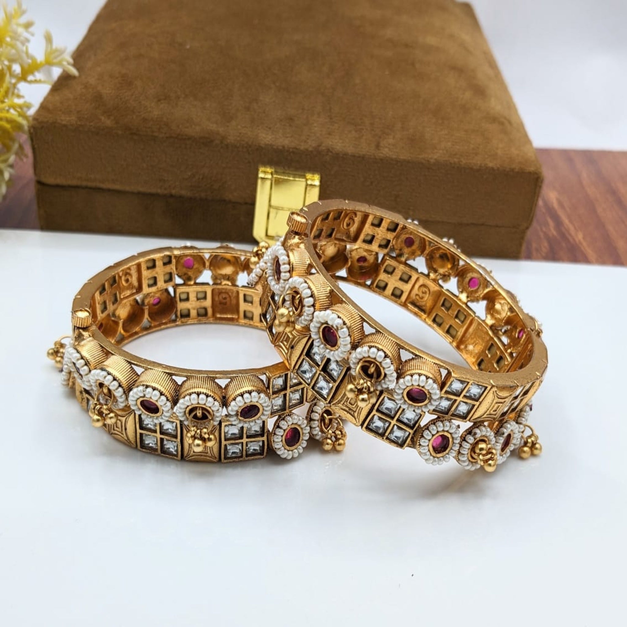 Rajwari Kara Bangles with Ruby Stones & White Pearls (FSRB96)