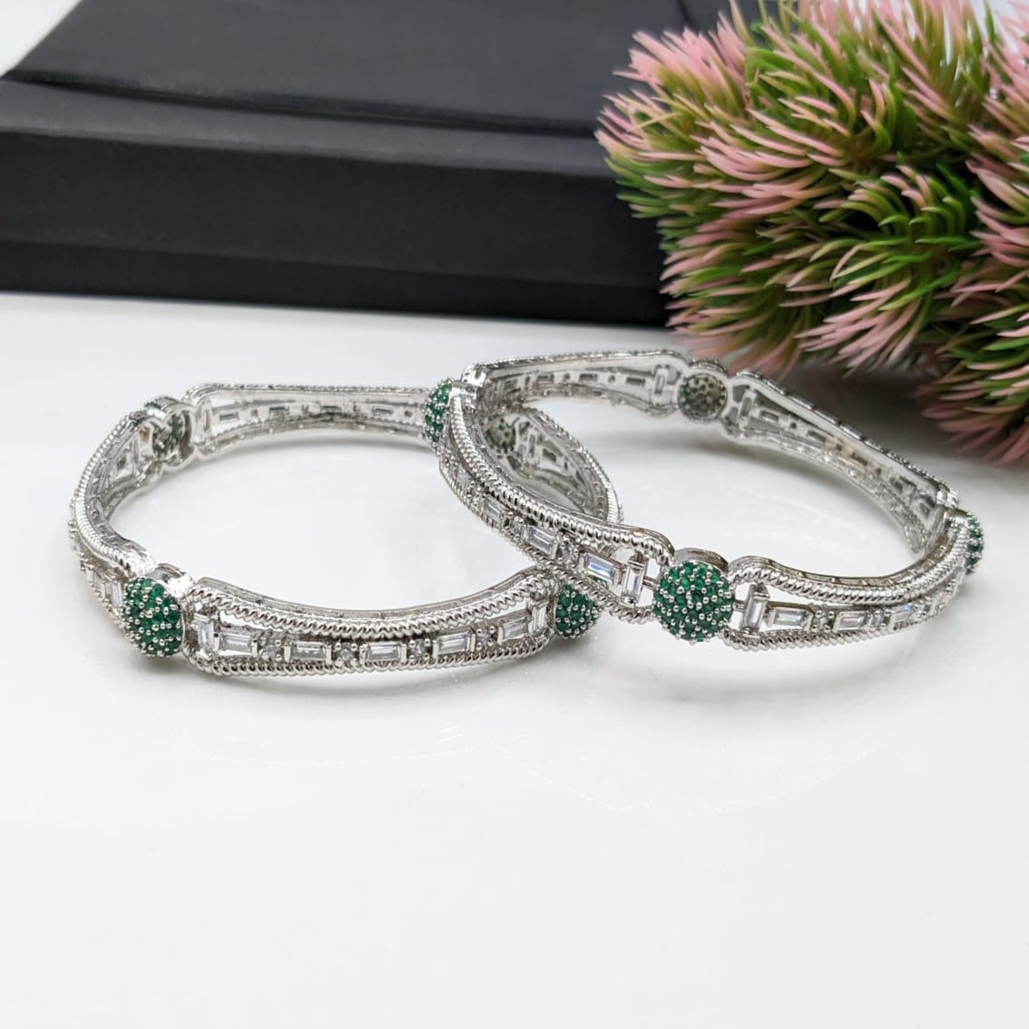 Silver Fancy Green Studed Bangles