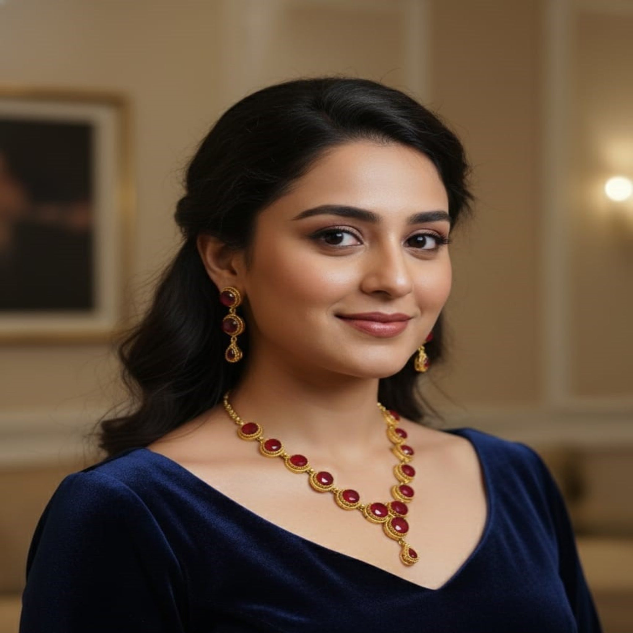 Golden Red Stone Fancy Necklace Set (FDN157)