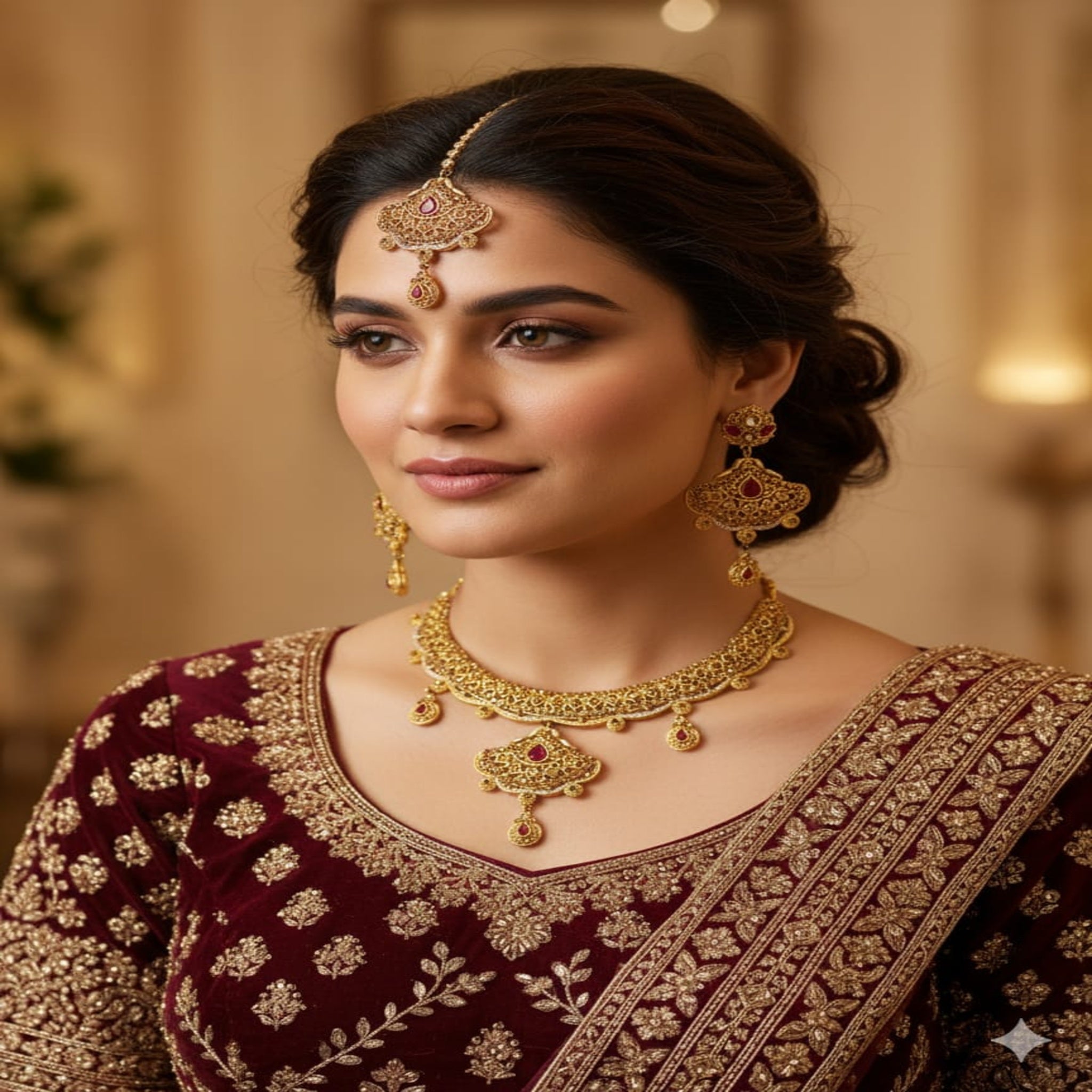 Red Beaded Golden Necklace Set (FDN158)