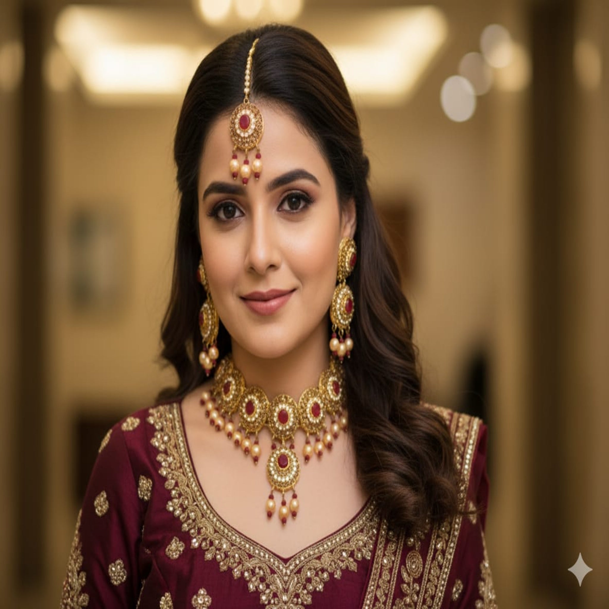 Maroon Golden Necklace Set (FDN159)