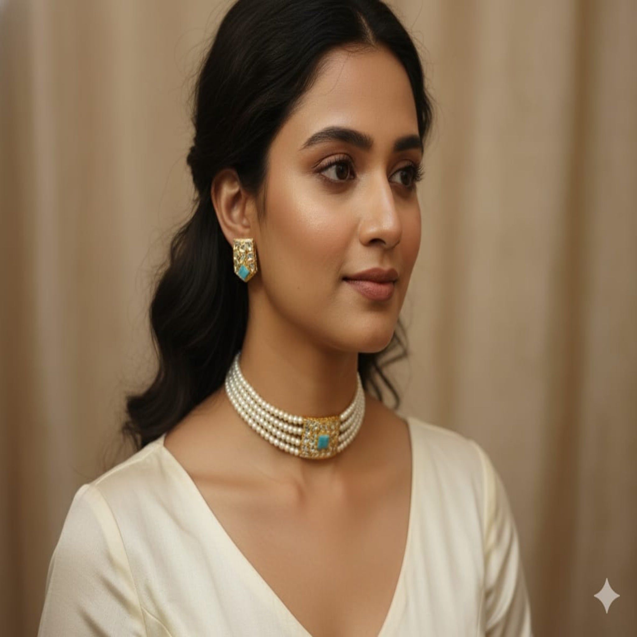 Auqa Stone Pearl Choker Necklace (FDN162)