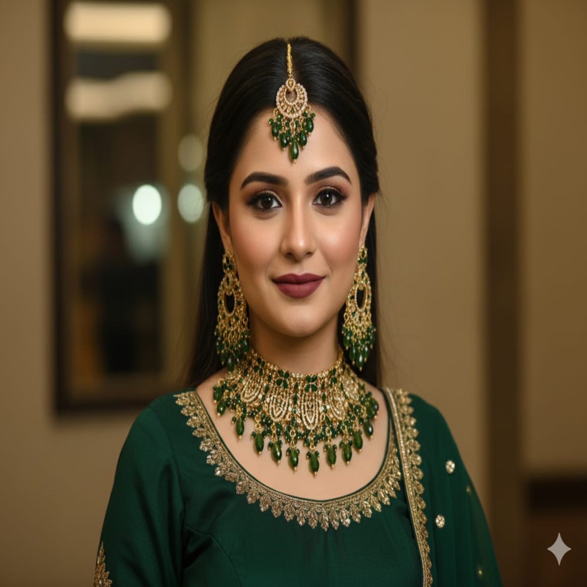 Green Elegant Kundan Bridal Necklace Set (FDBN96)