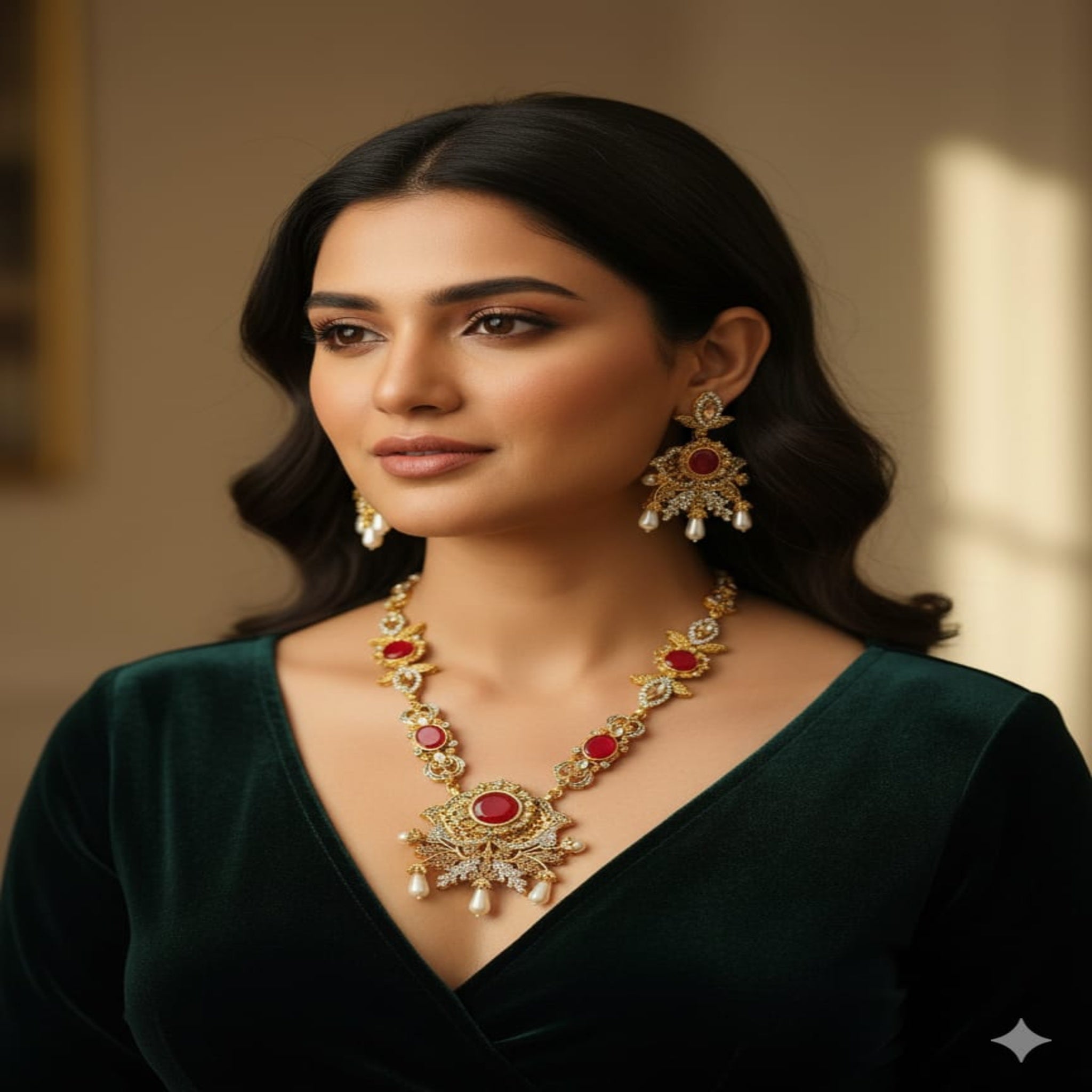 Elegant Red Stone Work Maala Set (FDM100)