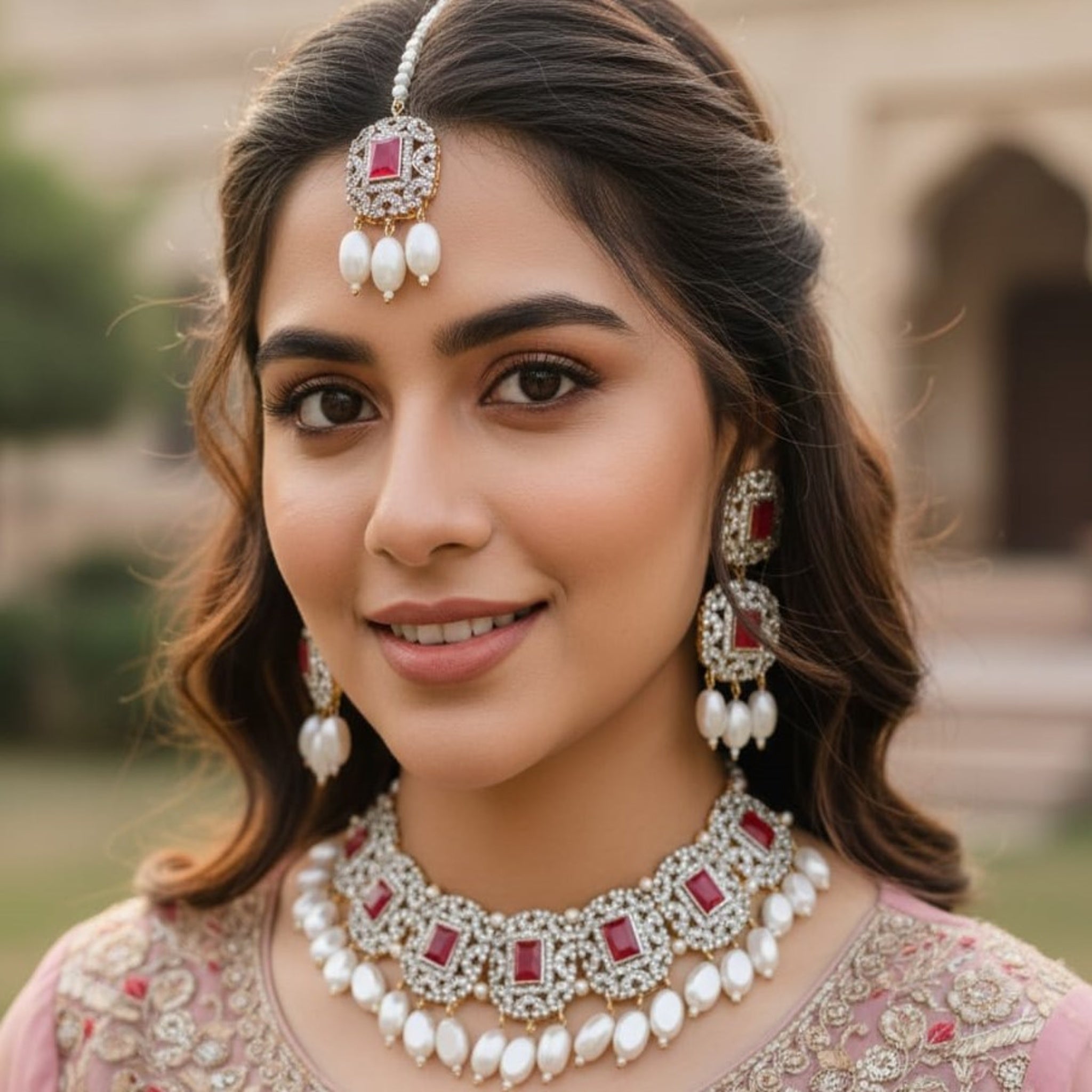 Lavish Maroon Silver Stone Necklace Set (FDN169)