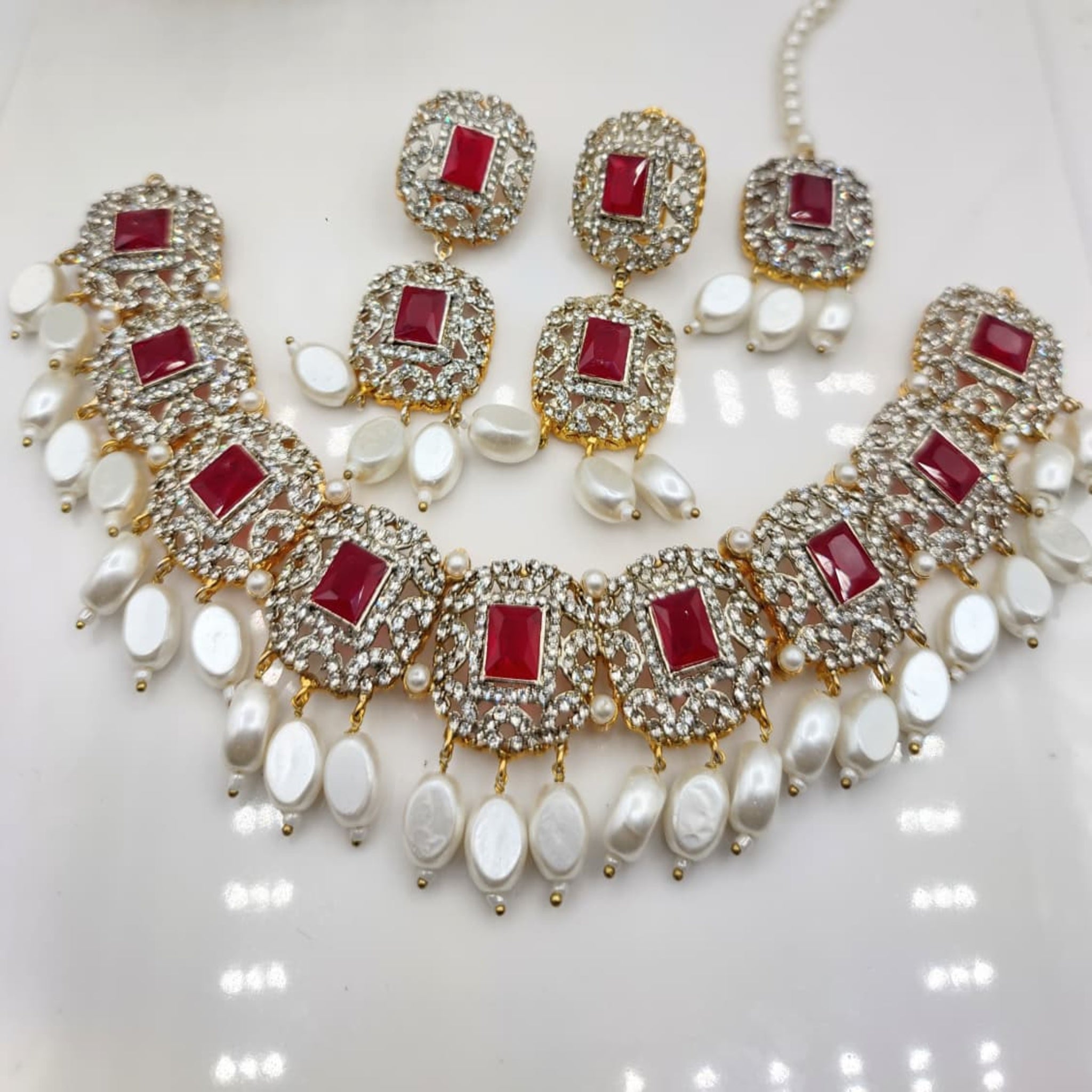 Lavish Maroon Silver Stone Necklace Set (FDN169)