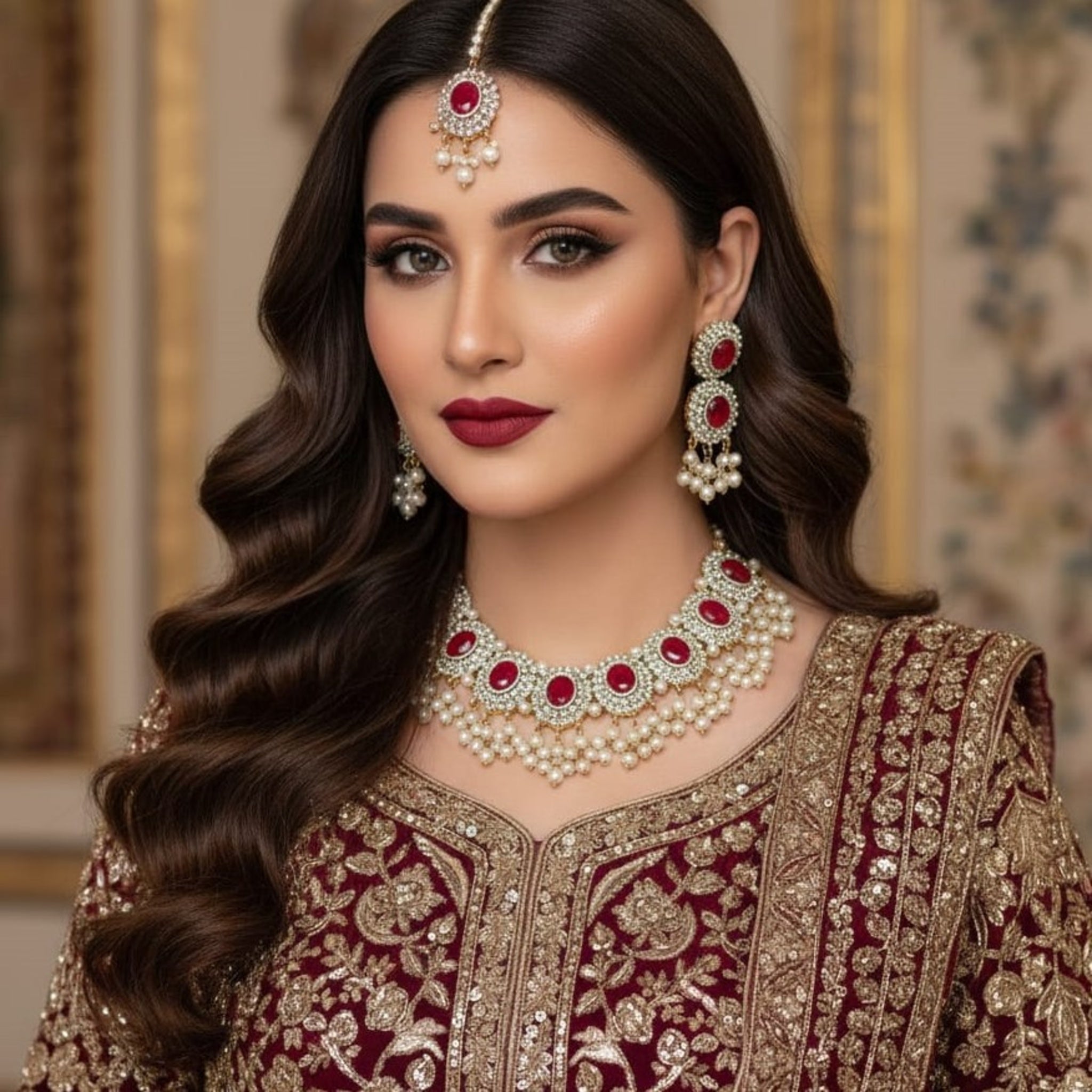 Golden Maroon Delicate Necklace Set (FDN170)