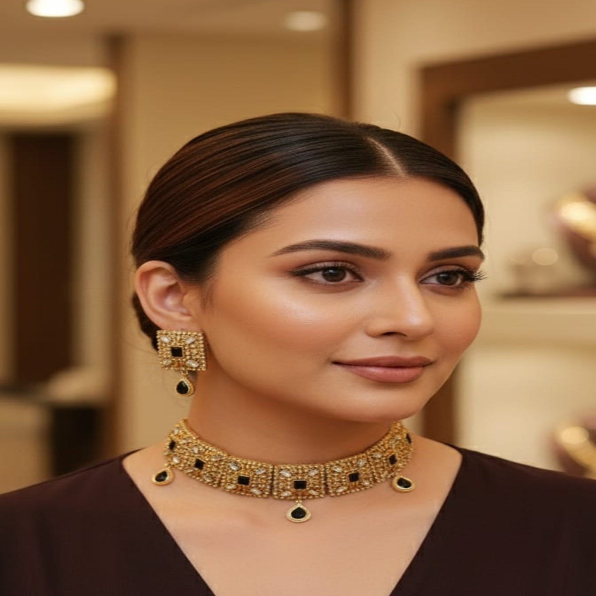 Black Golden Choker Necklace Set (FDN190)