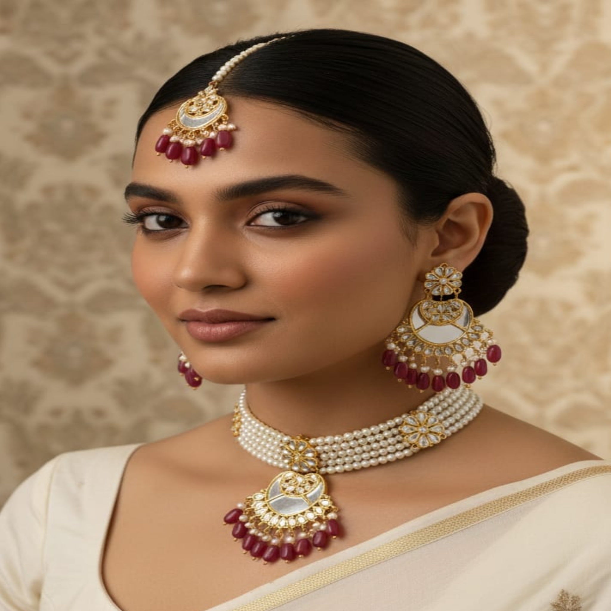 Pearl Red Choker Necklace Set (FDN195)