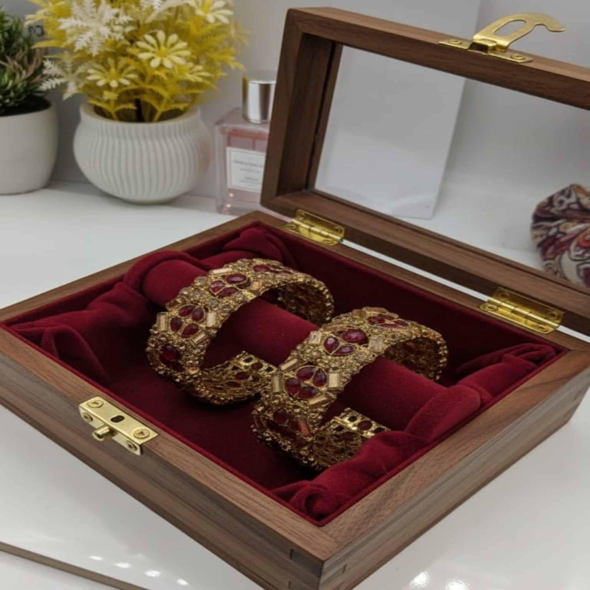 Royal Antique Gold Kara with Ruby Red Stones (FSKB175)