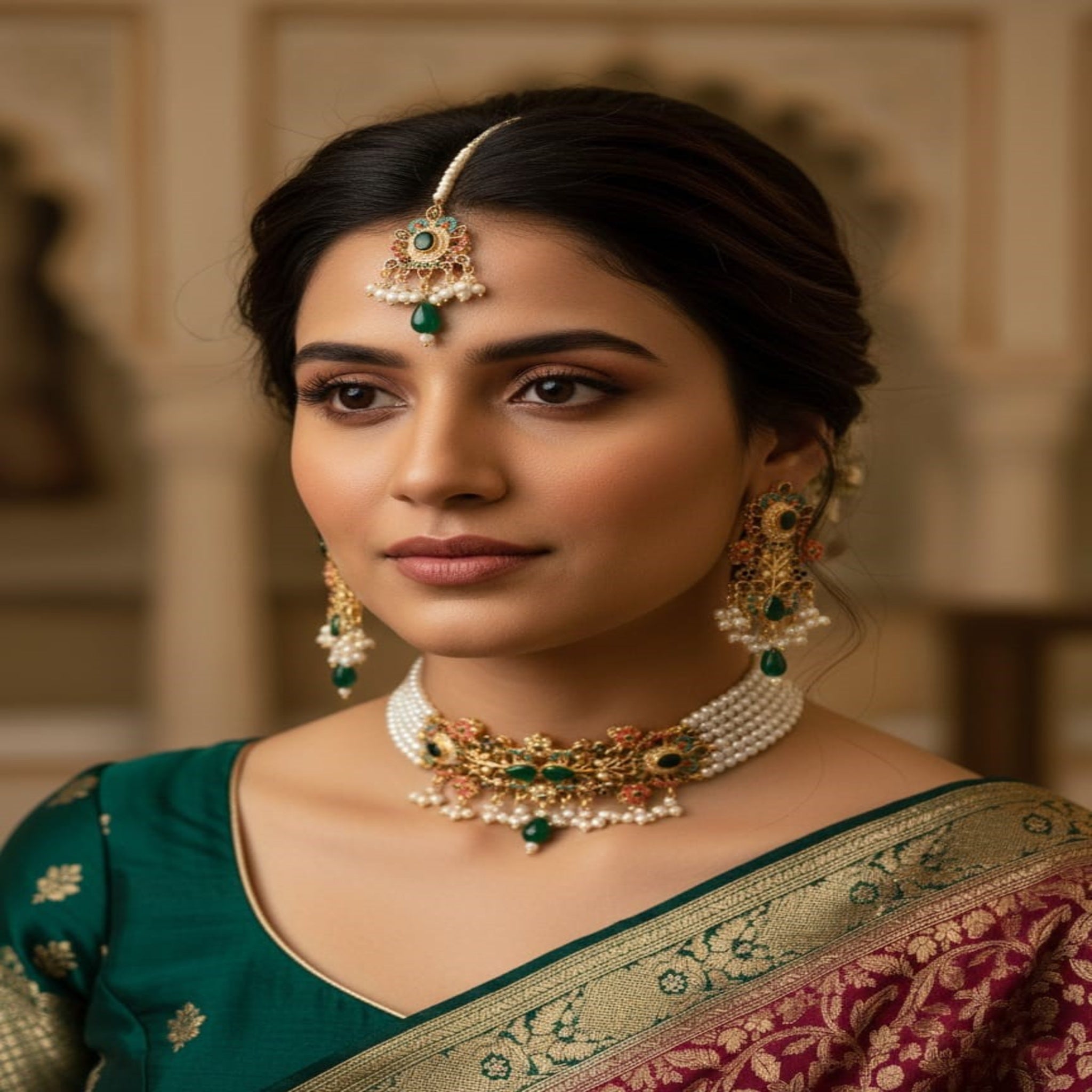 Royal Emerald Green & Pearl Choker Set (FDN203)