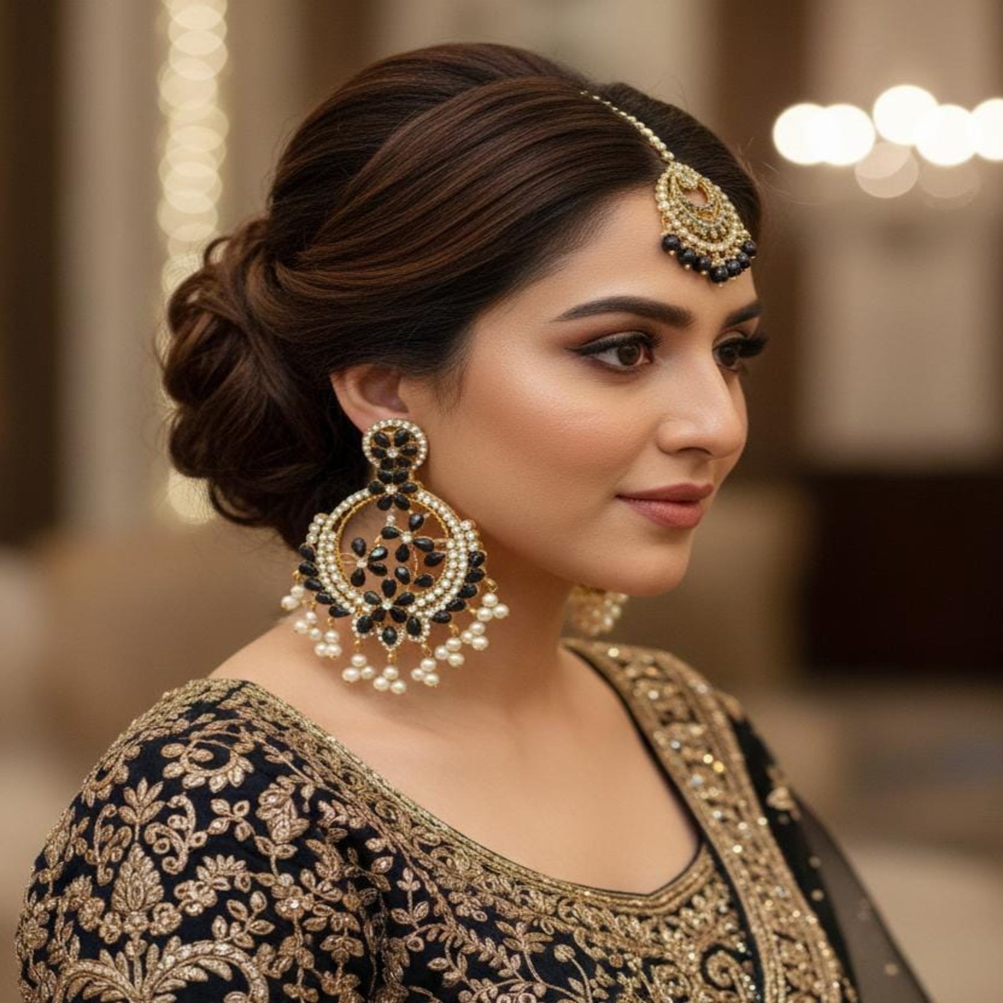 Royal Black & Gold Kundan Bindia Set