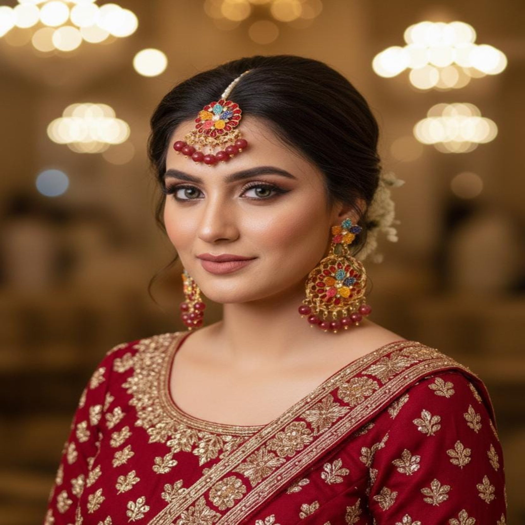 Traditional Multicolor Kundan Earrings & Maang Tikka Set