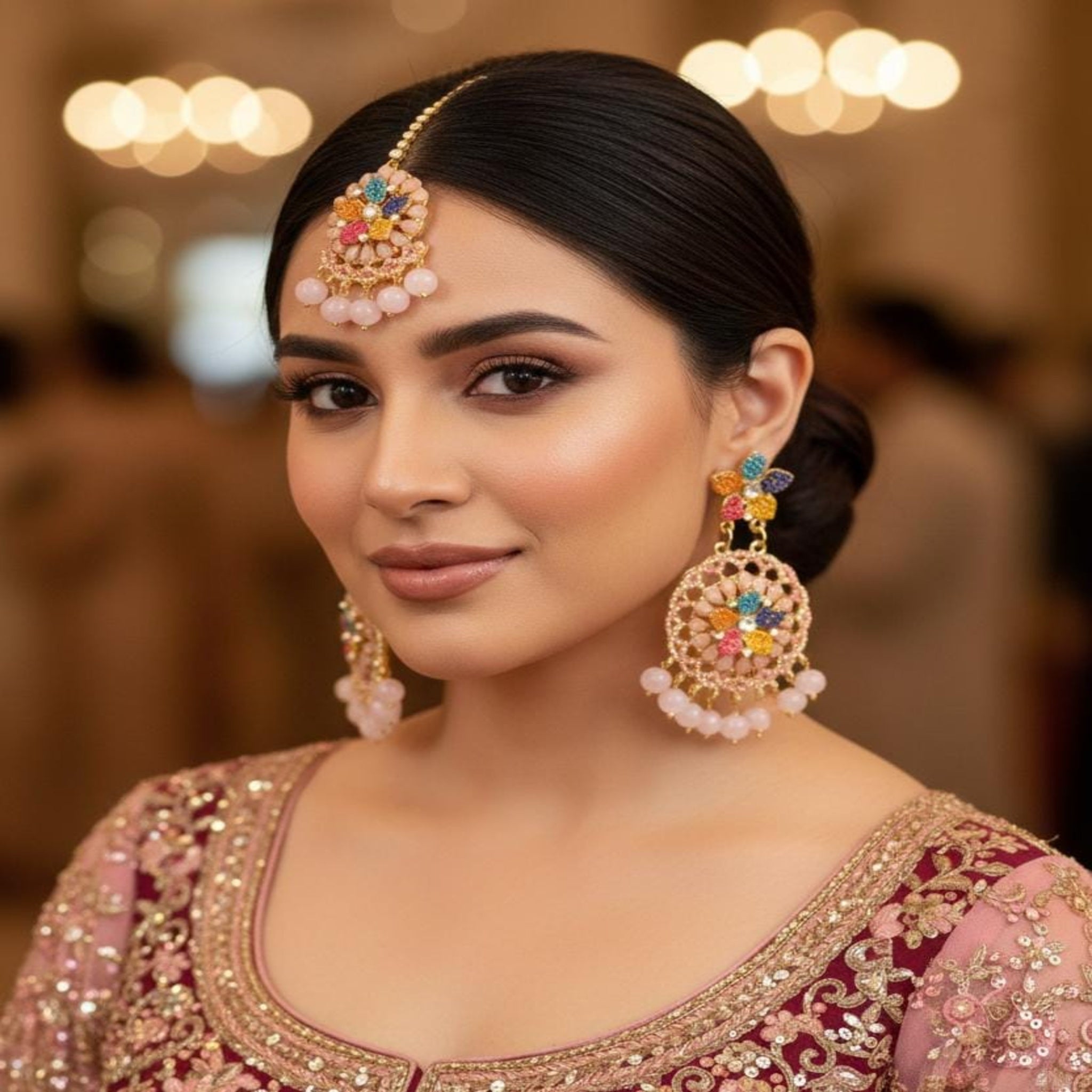 Multicolor Floral Kundan Earrings & Maang Tikka Set