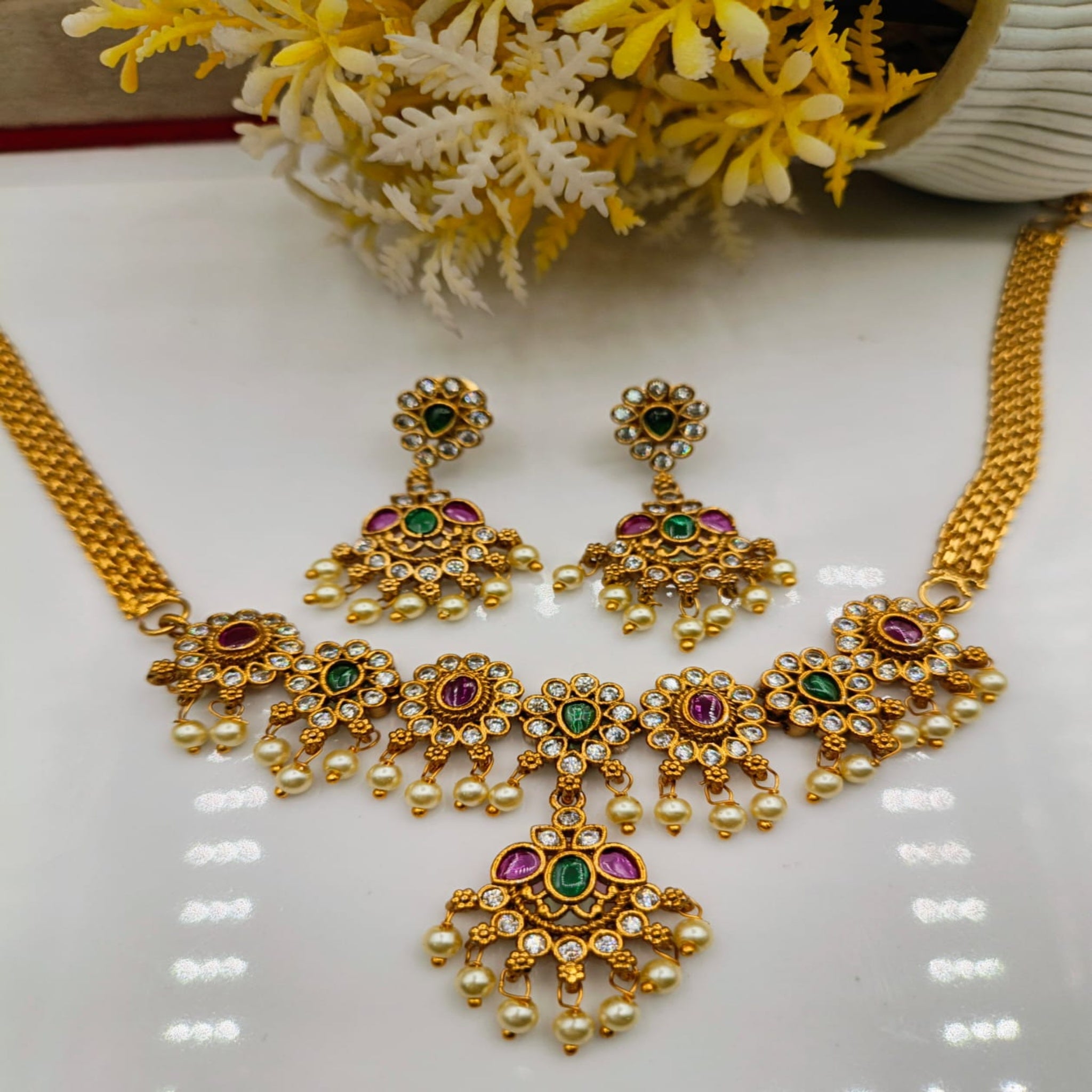 Traditional Multicolor Floral Kundan Necklace Set (FDN221)