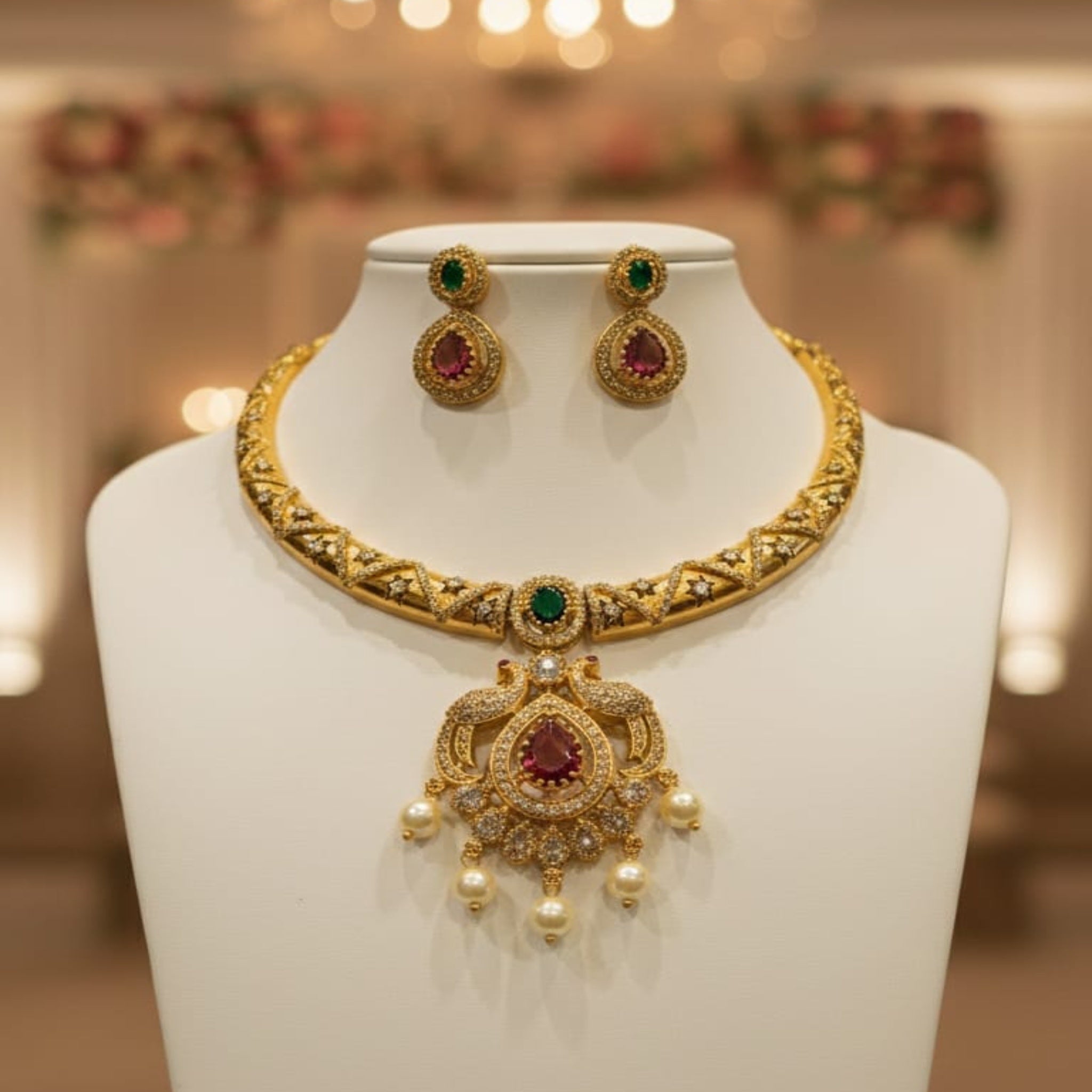 Elegant Lime Green Floral Necklace Set (FDN224)