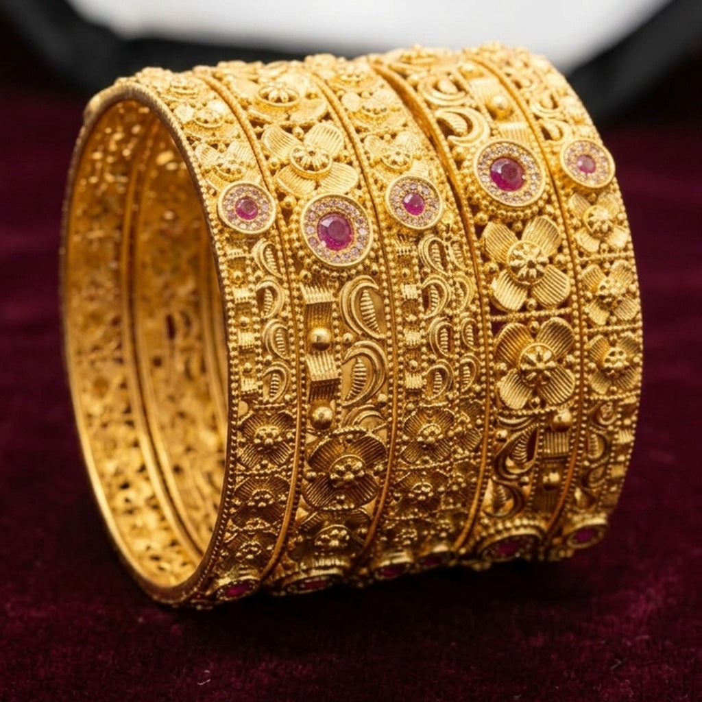 Antique Gold Floral Bangle Stack with Ruby Accents (FSB197)