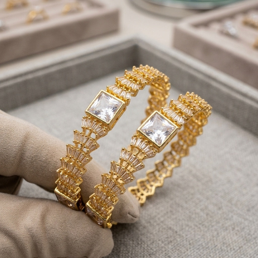 Gold Baguette Crystal Bangle Pair (FSKB209)