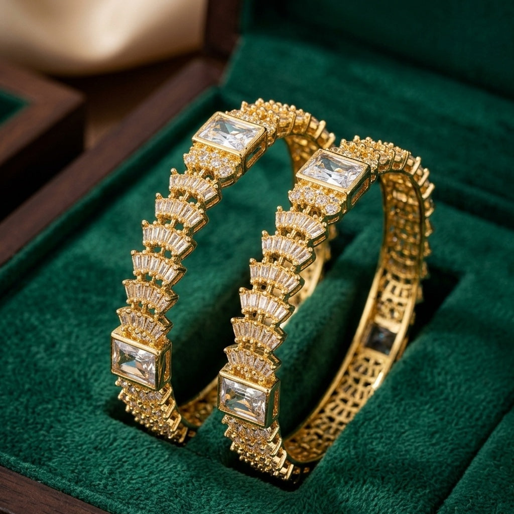 Gold Baguette Crystal Bangle Pair (FSKB209)