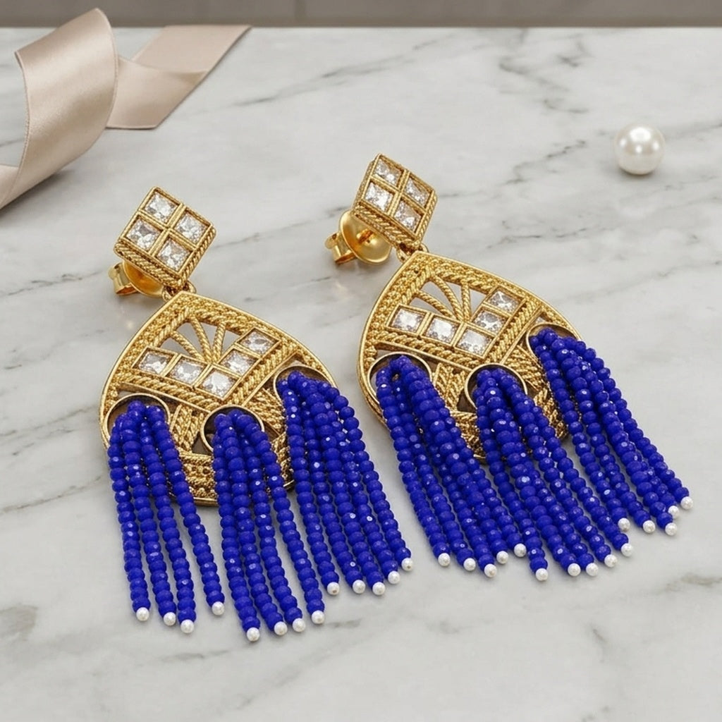 Gold Tassel Earrings with Royal Blue Beaded Fringe (FSE280)