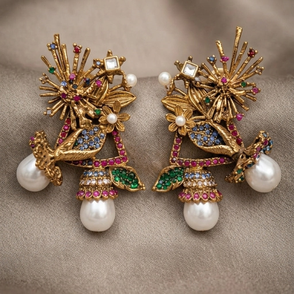 Antique Gold Starburst Floral Jhumka Earrings (FSE283)
