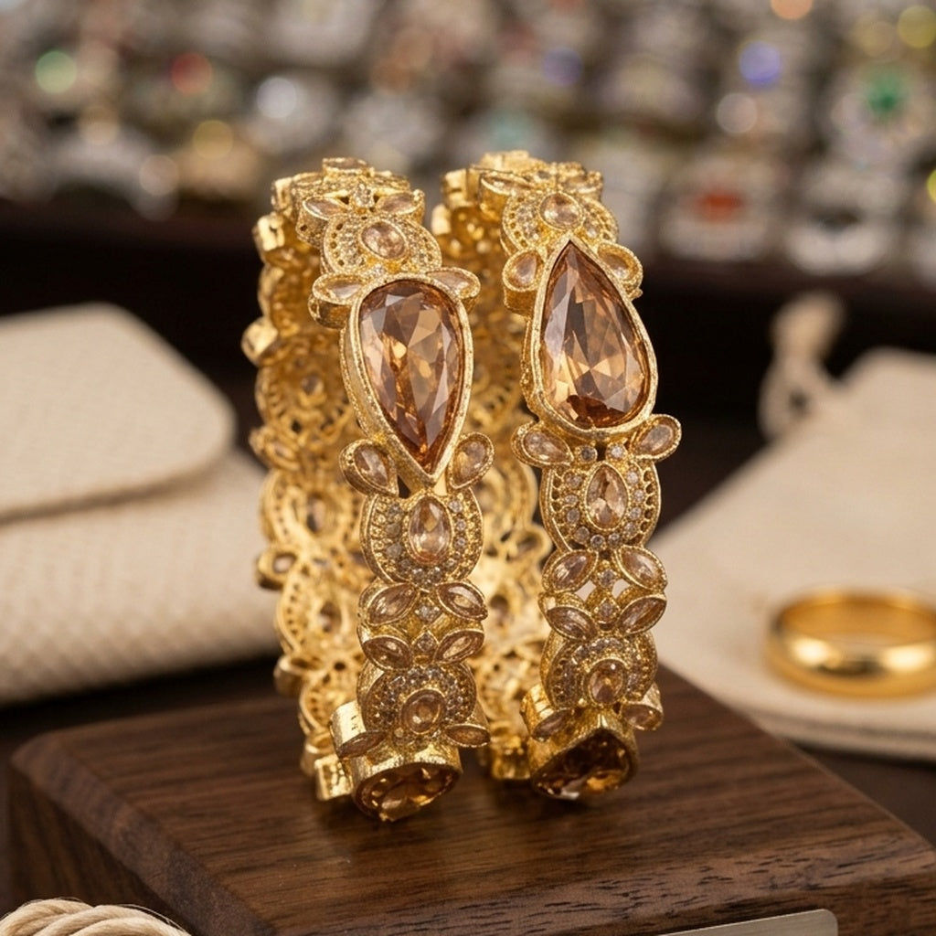 Gold Champagne Teardrop Crystal Bangle Pair (FSKB208)