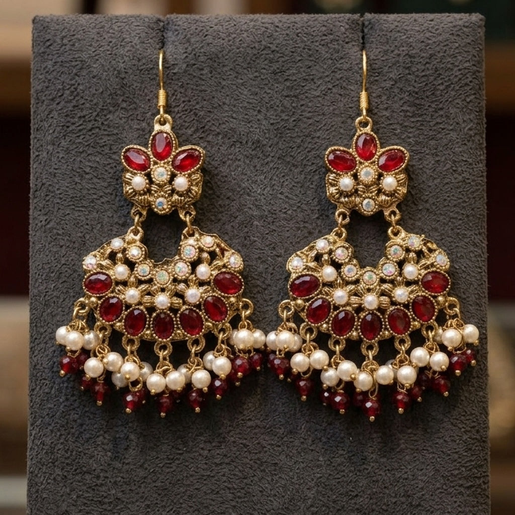 Antique Gold Chandbali Earrings with Ruby & Pearl Drops (FSE274)