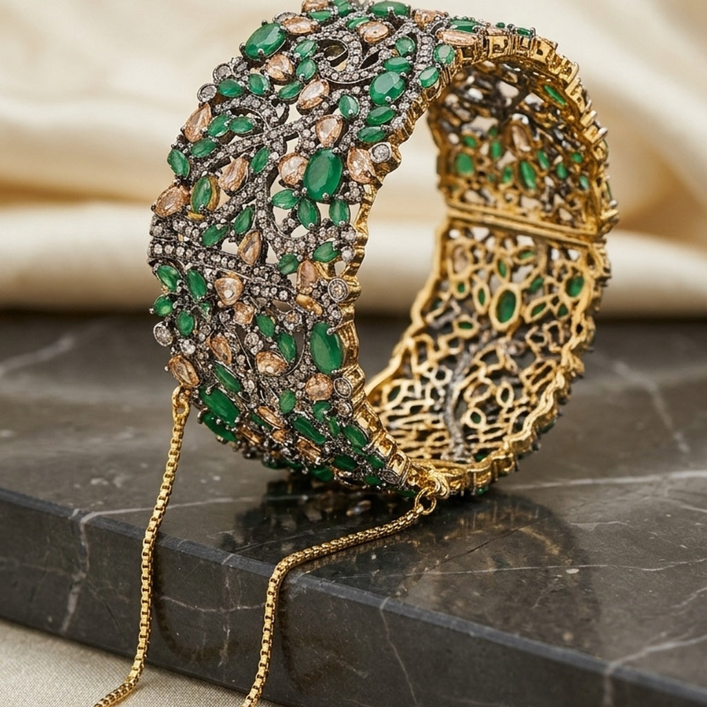 Antique Victorian-Style Emerald Kada with Polki & Kundan Work (FSKB194)
